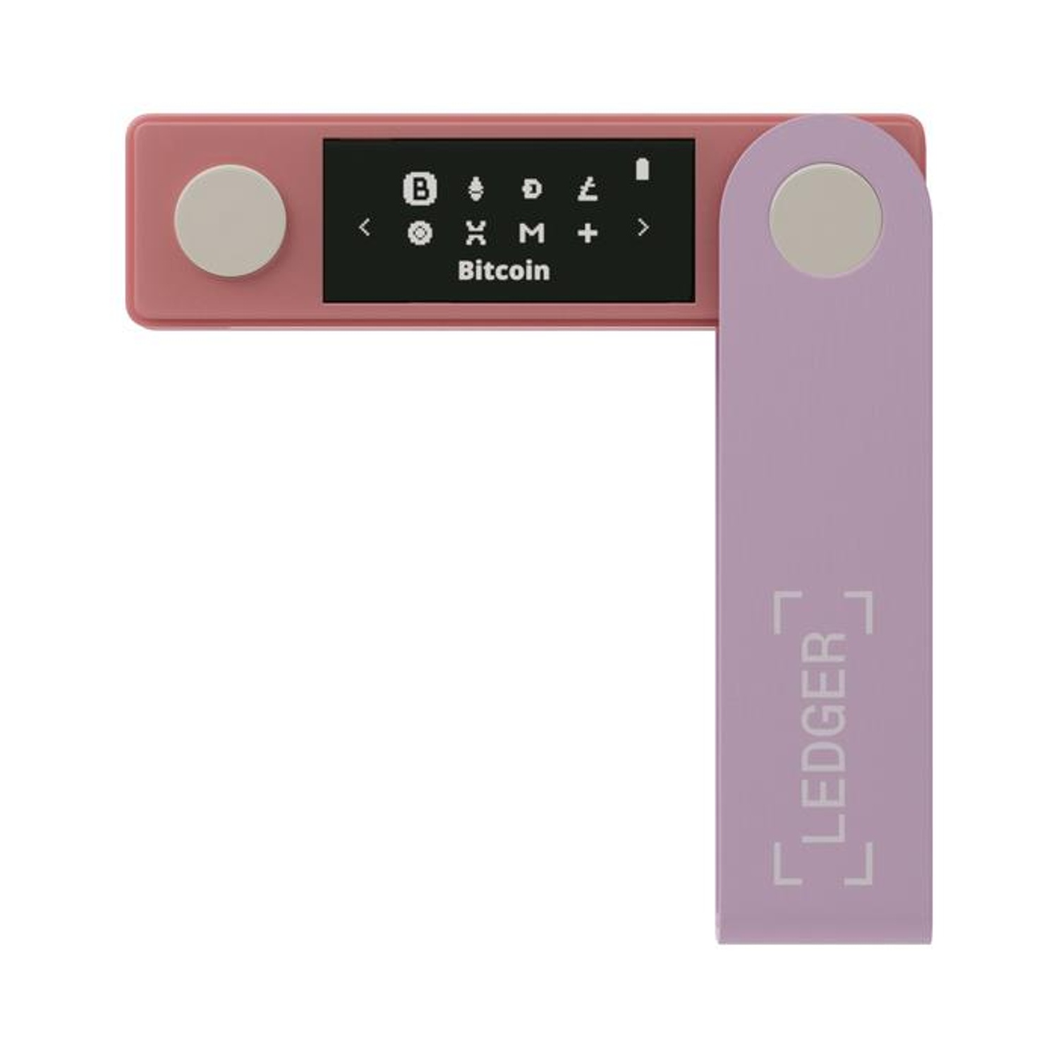 Un portafoglio hardware per criptovalute rosa e viola, con un piccolo schermo.
