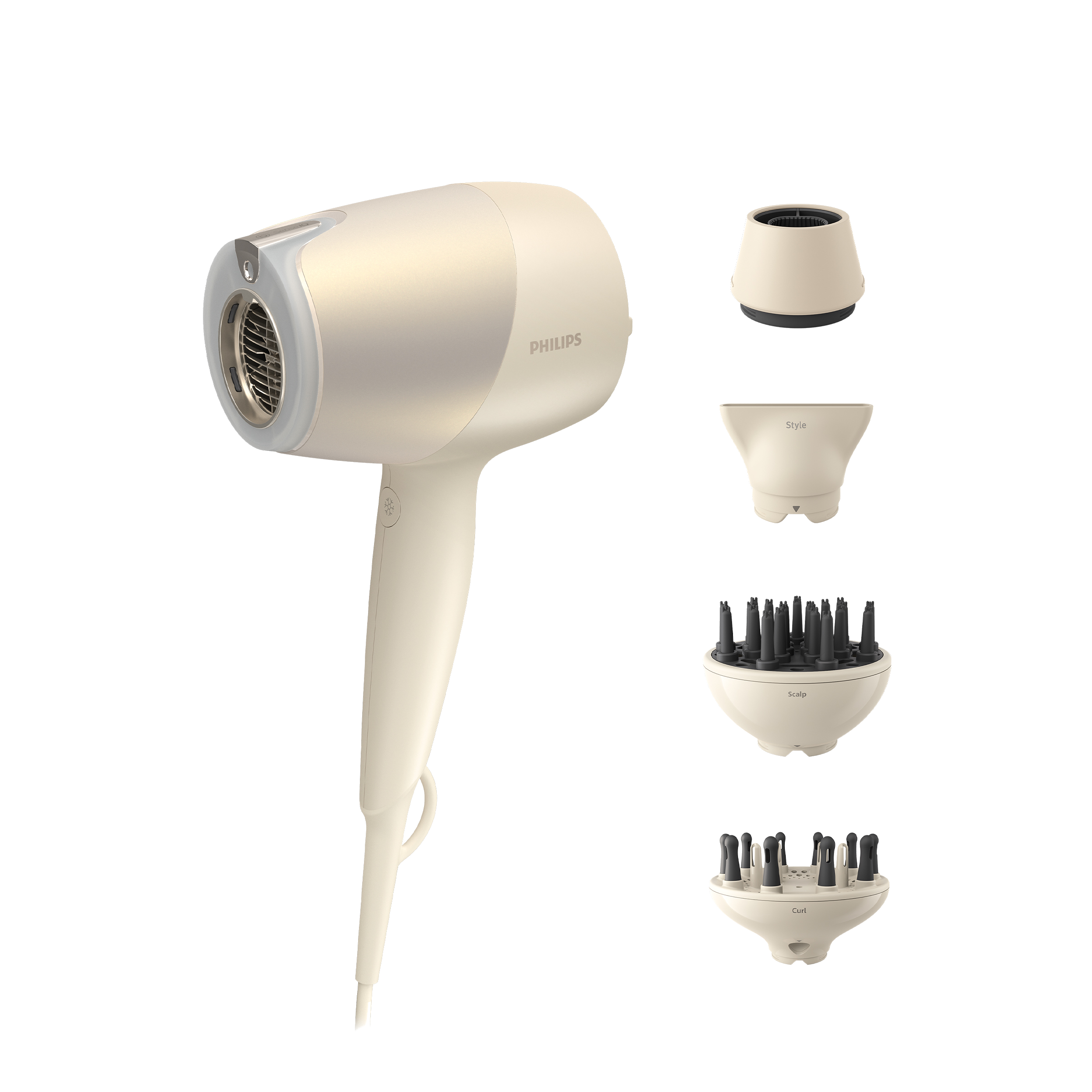 Biała suszarka do włosów Philips i akcesoria. Zawiera różne dysze do stylizacji, kręcenia i pielęgnacji skóry głowy.