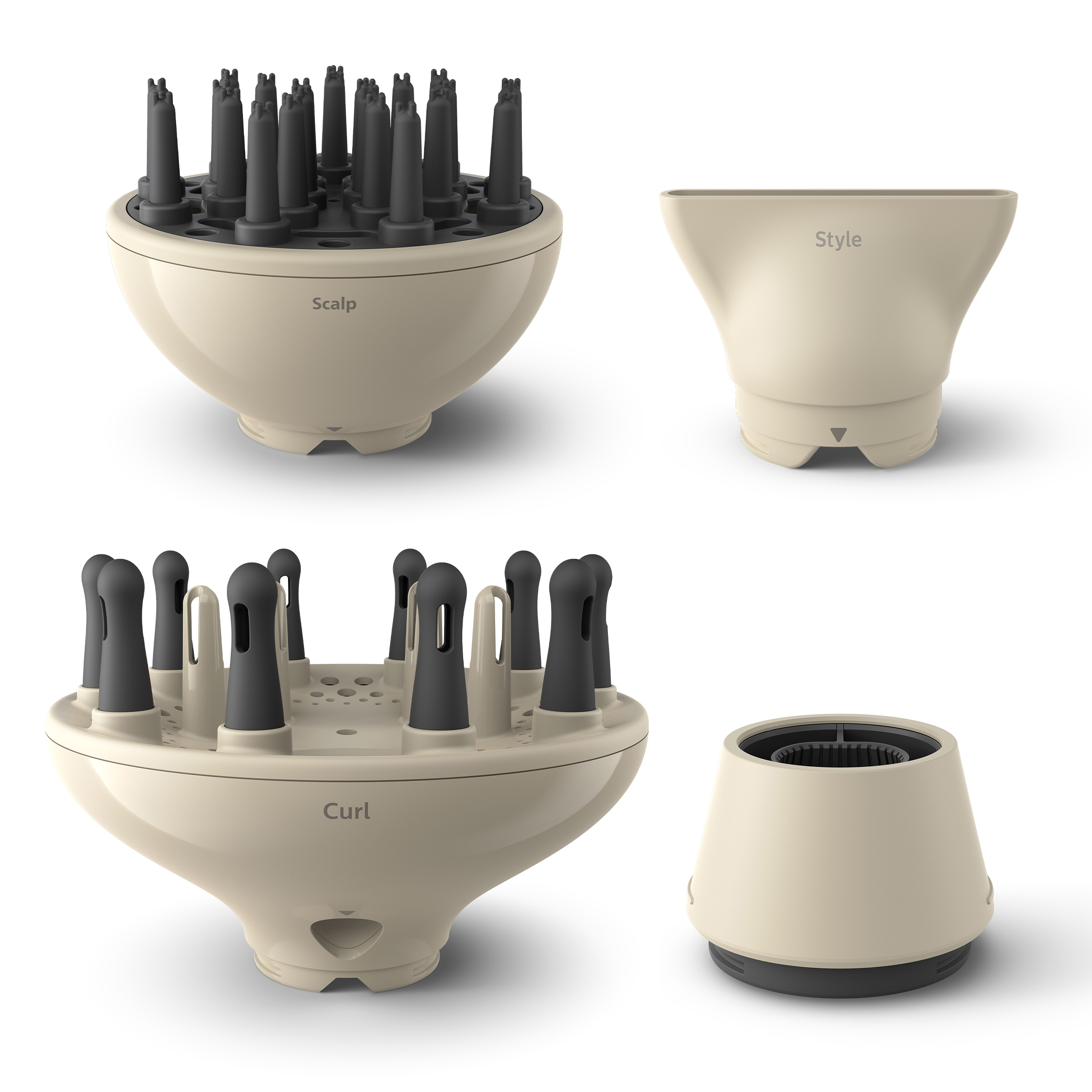 Cztery różne nasadki do suszarki do włosów, do skóry głowy, stylizacji, loków i koncentratora.