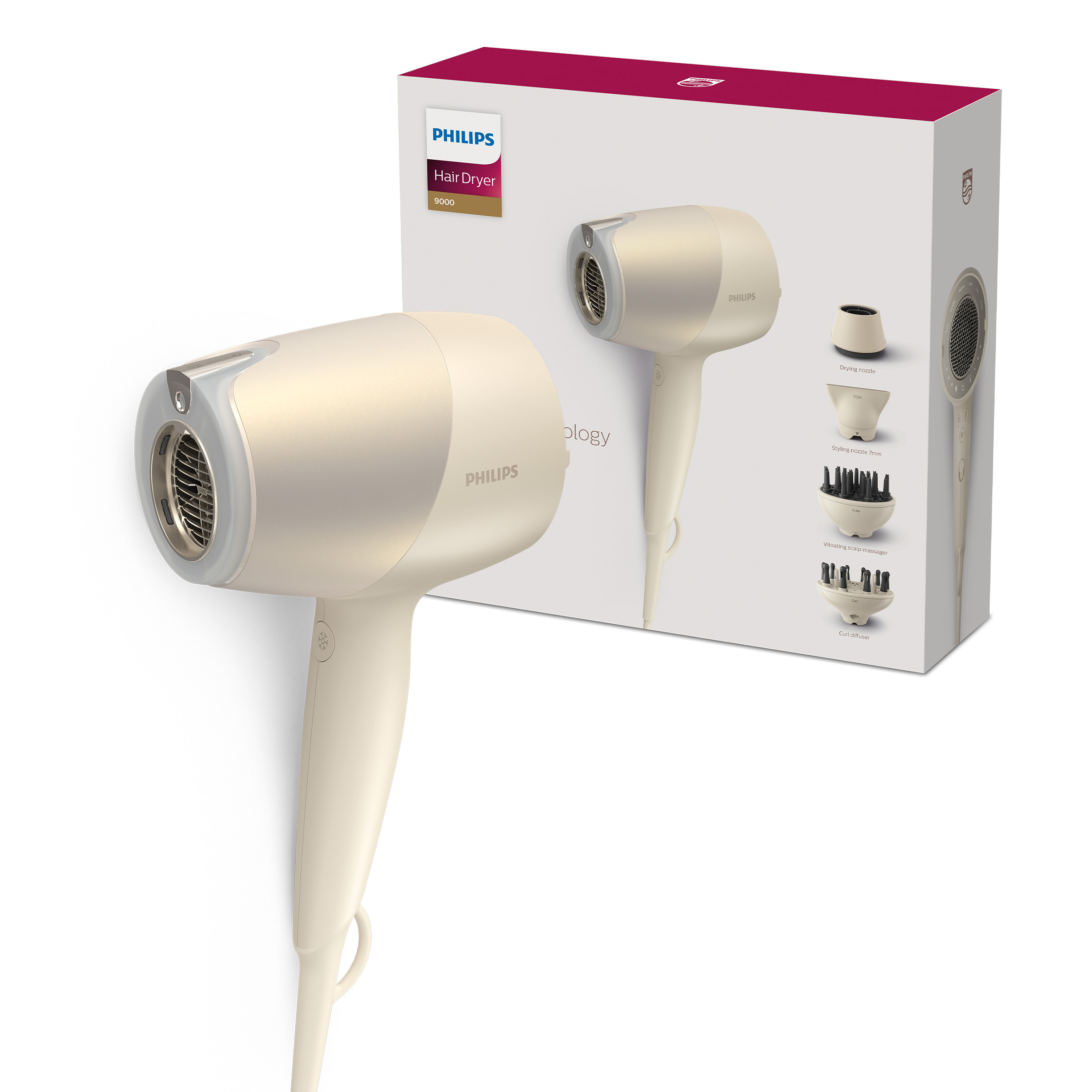 Suszarka do włosów z pudełkiem i kilkoma nasadkami, na białej powierzchni.