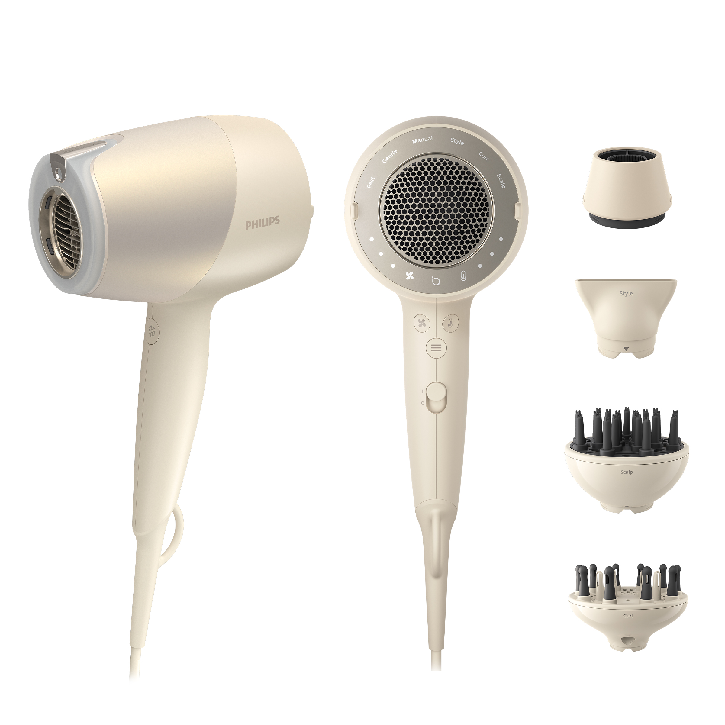 Biała i beżowa suszarka do włosów z wieloma nasadkami. Zawiera nasadkę do stylizacji, kręcenia i skóry głowy.