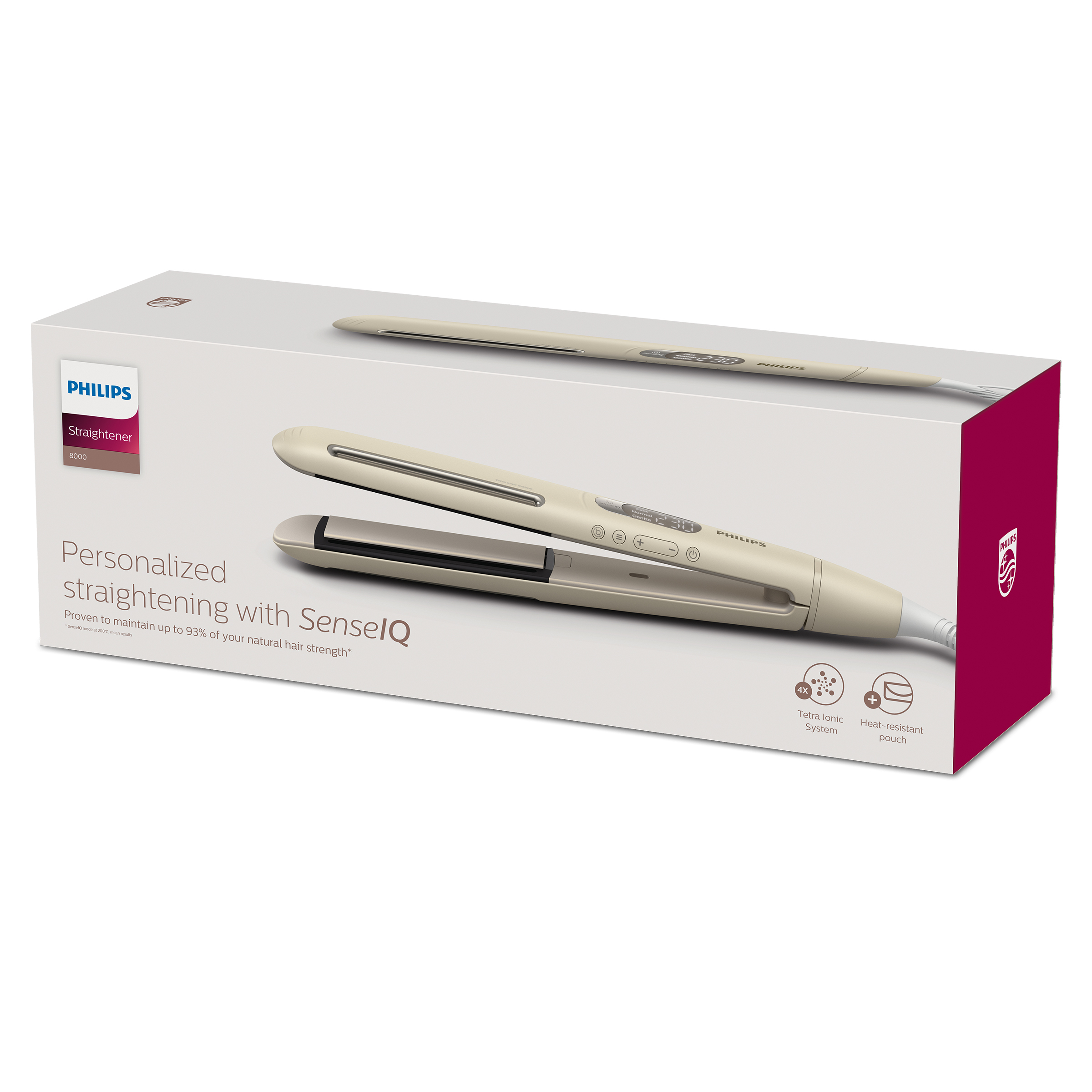 Białe pudełko przedstawia prostownicę Philips. Prostownica i pudełko mają kolor beżowy.