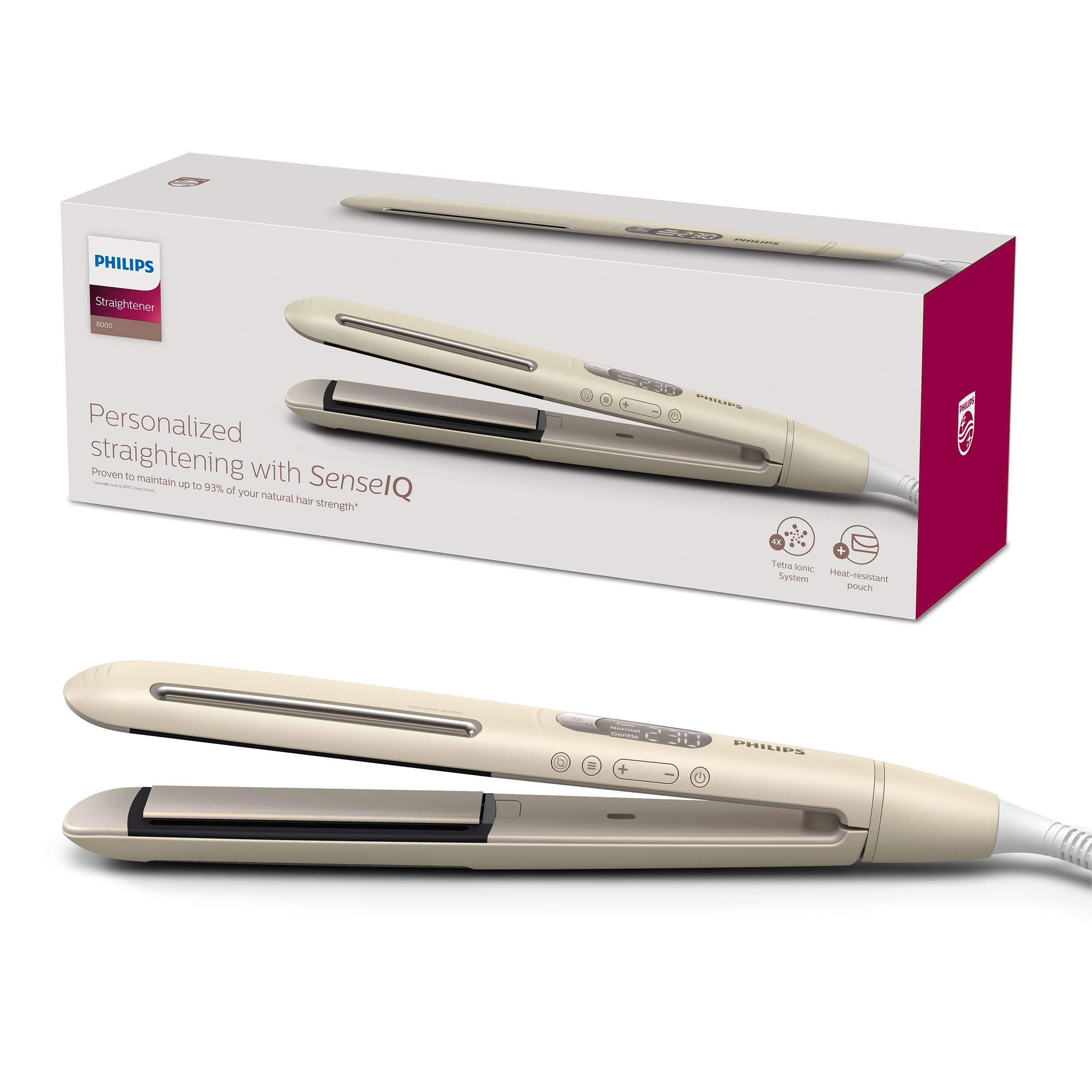 Beżowa prostownica i pudełko z tekstem i obrazem.