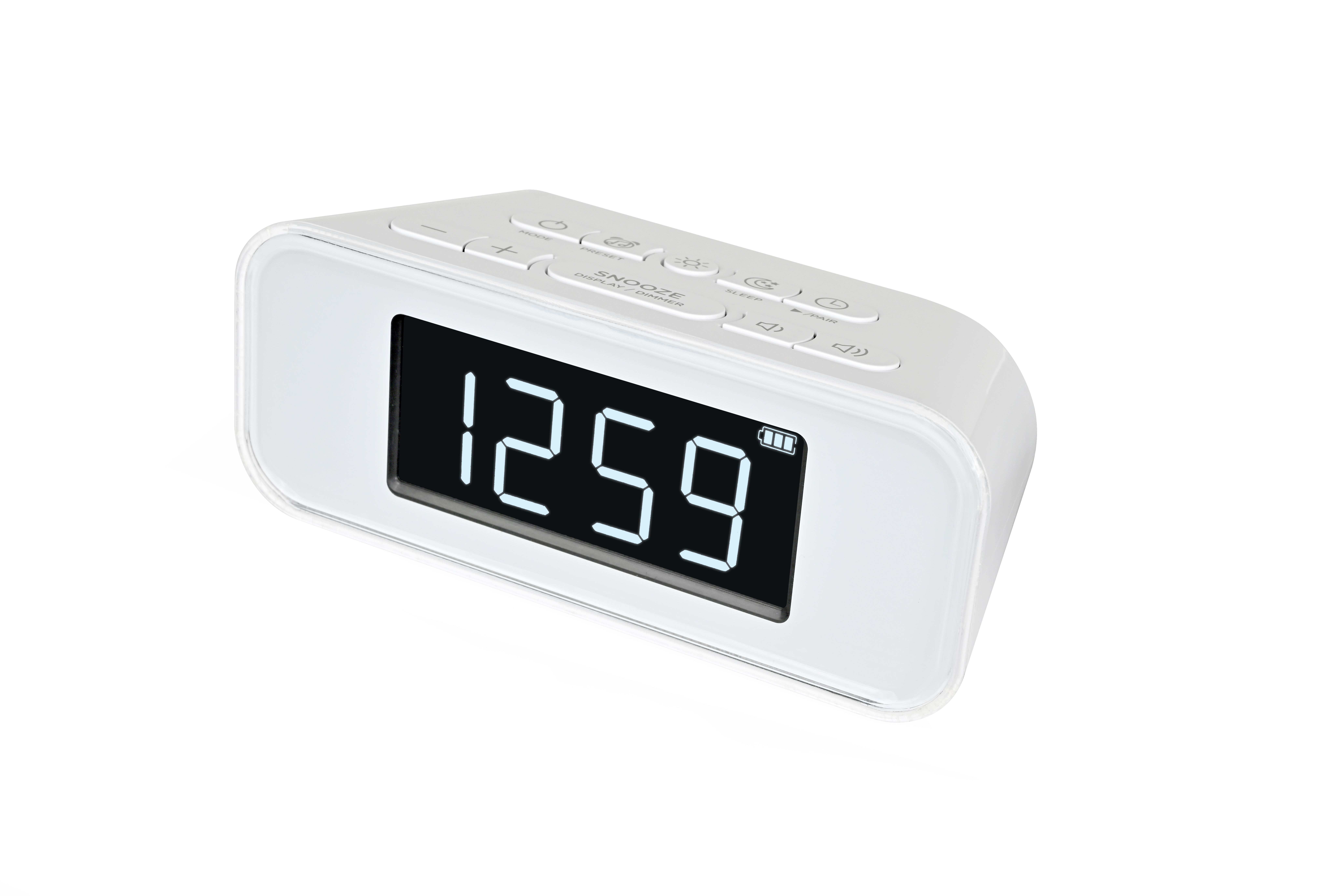 Weißer Digitalwecker mit 12:59. Weißer Hintergrund, modernes Design.