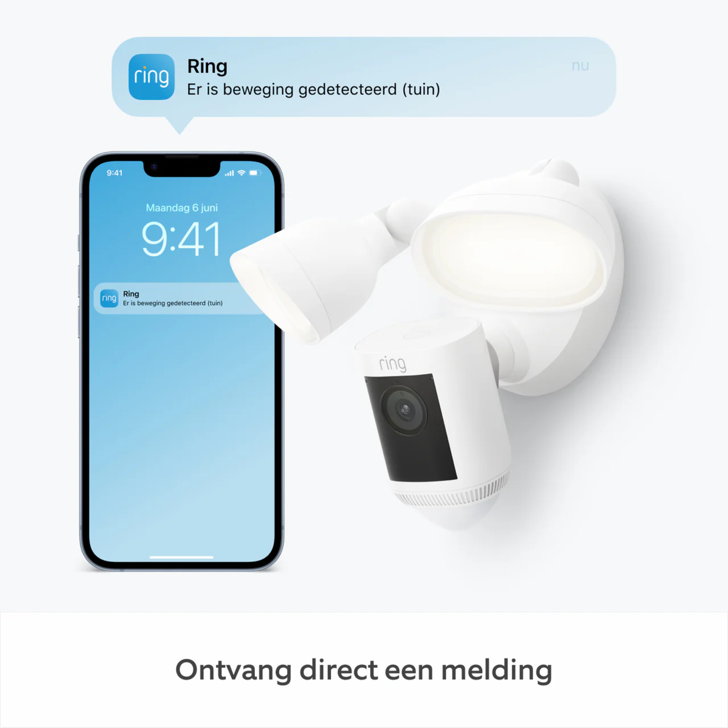 A white Ring security camera with a smartphone displaying a notification. A notification bubble says, "Er is beweging gedetecteerd (tuin)."