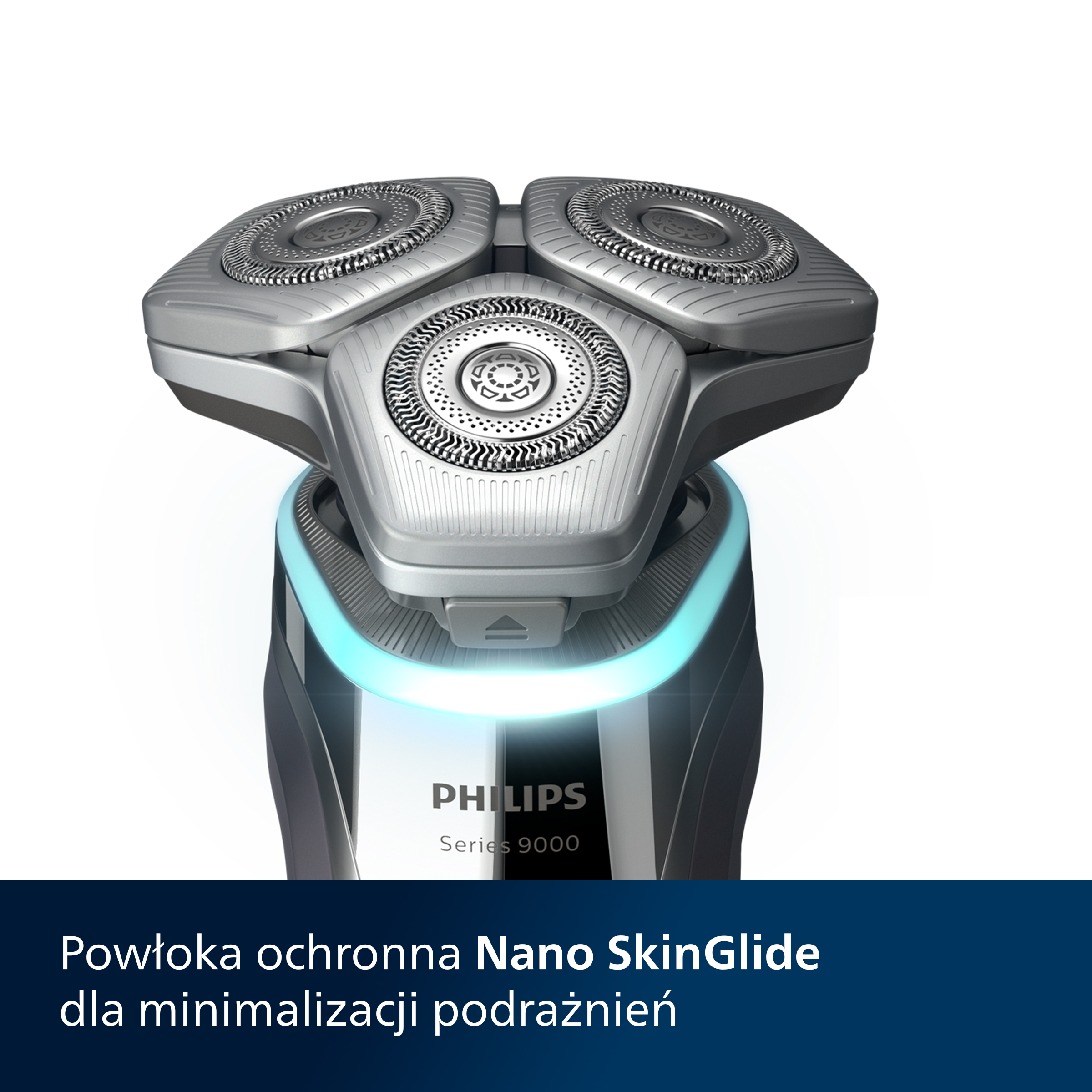 Srebrna golarka Philips z trzema głowicami obrotowymi, niebieskim światłem i tekstem.