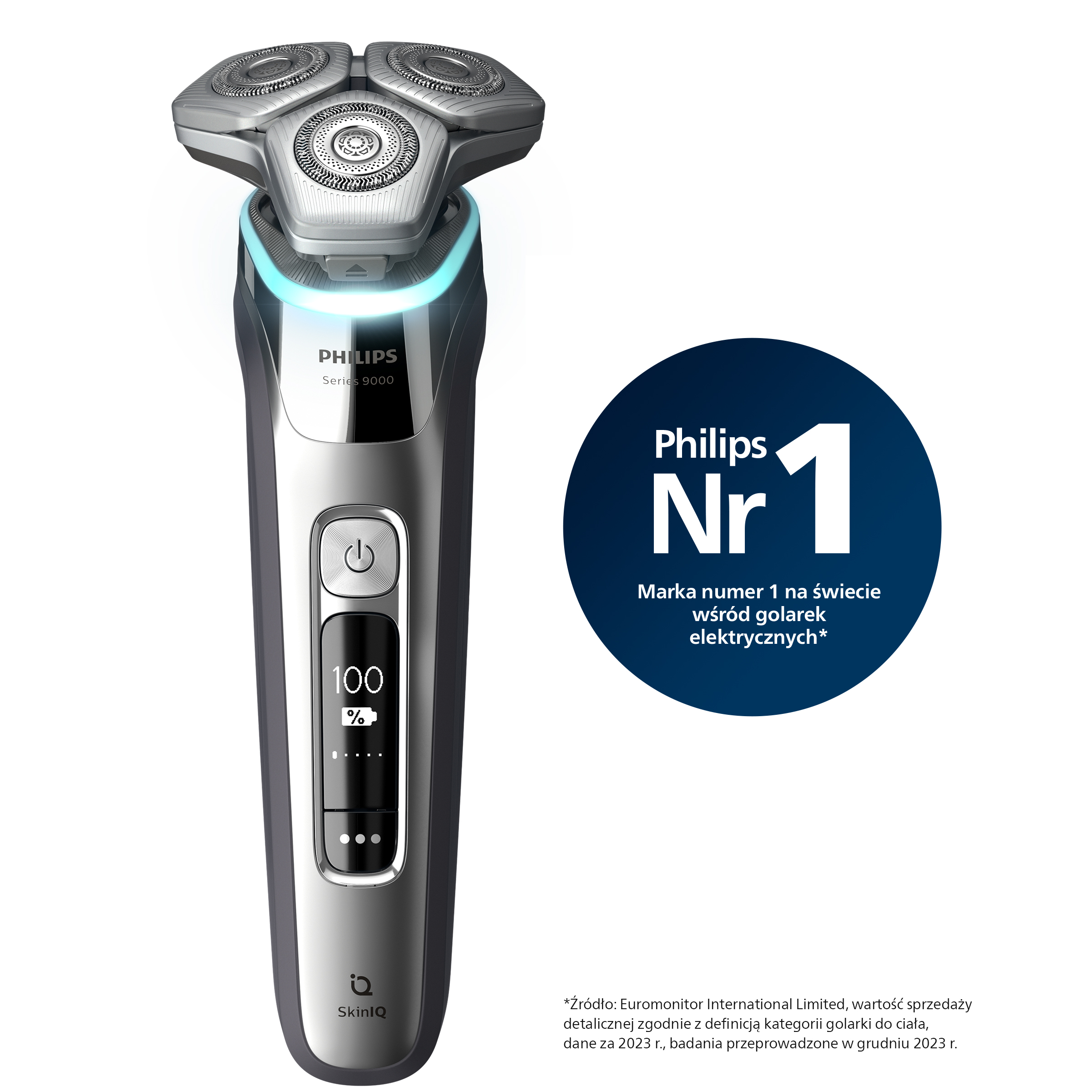Srebrna i czarna golarka elektryczna Philips z odznaką numer jeden.