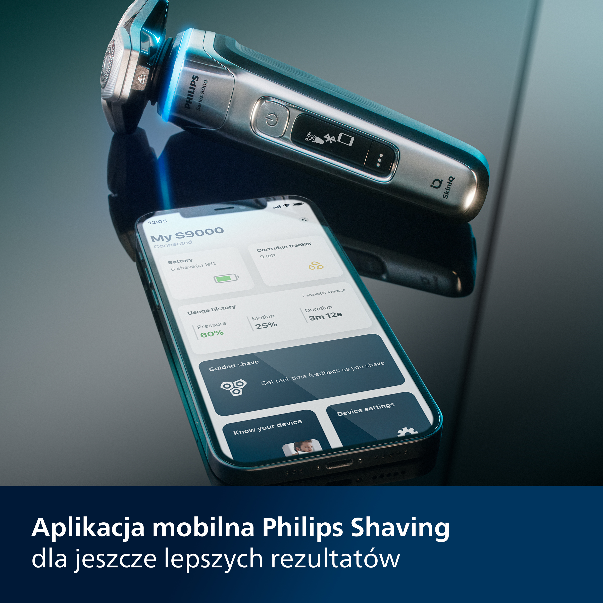 Golarka elektryczna i smartfon z danymi użytkowania aplikacji.
