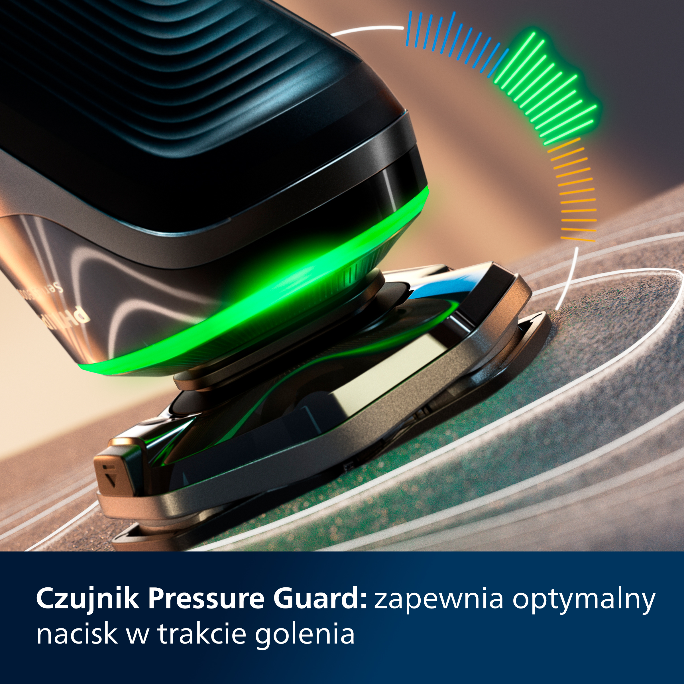 Zbliżenie golarki elektrycznej. Widoczne zielone światło. Tekst: Pressure Guard zapewnia optymalny nacisk.