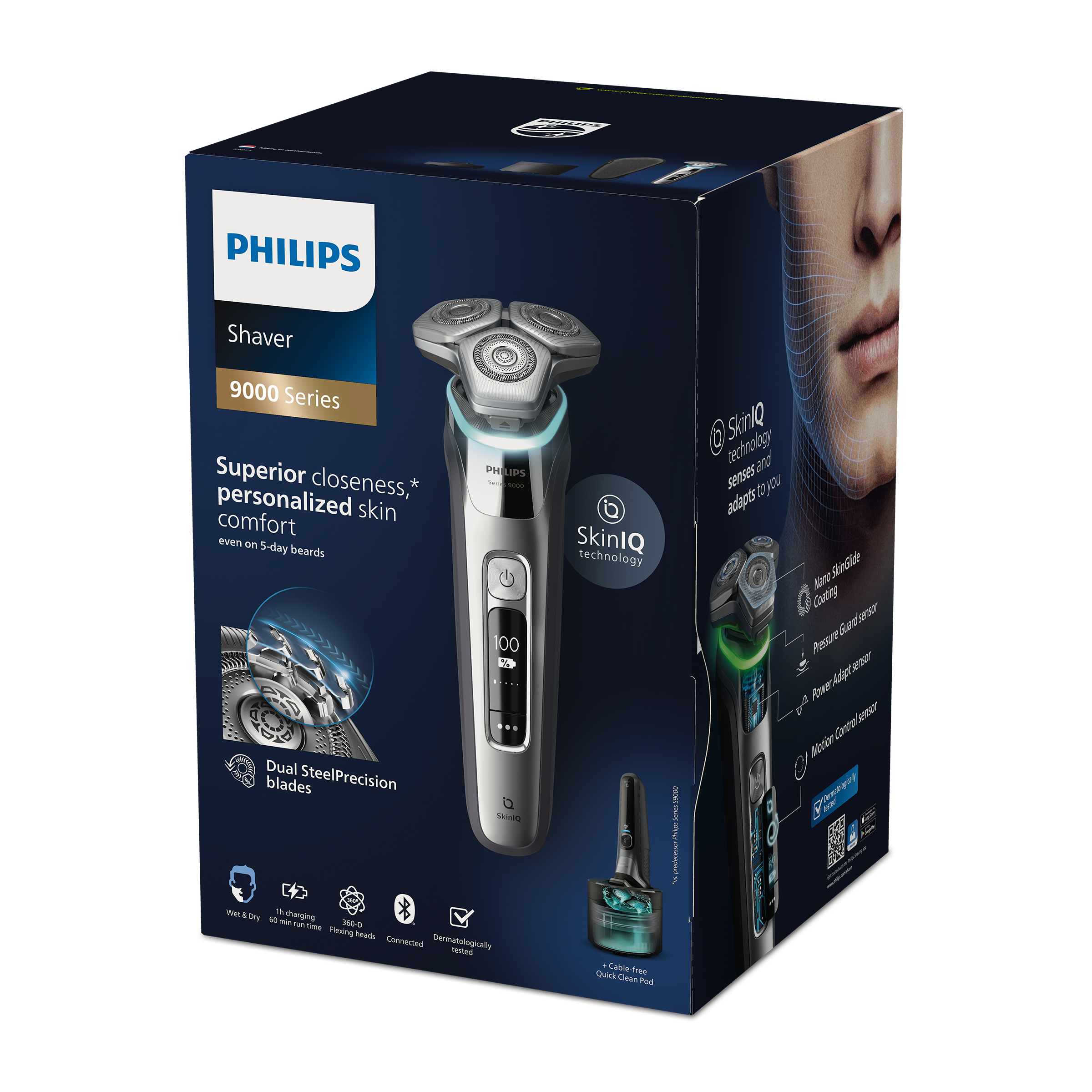 Pudełko golarki Philips ze zbliżeniem golarki i jej funkcji.