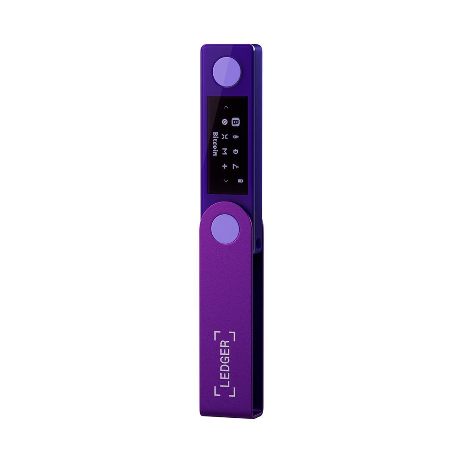 Un dispositivo Ledger viola. Uno schermo mostra Bitcoin e altre icone.