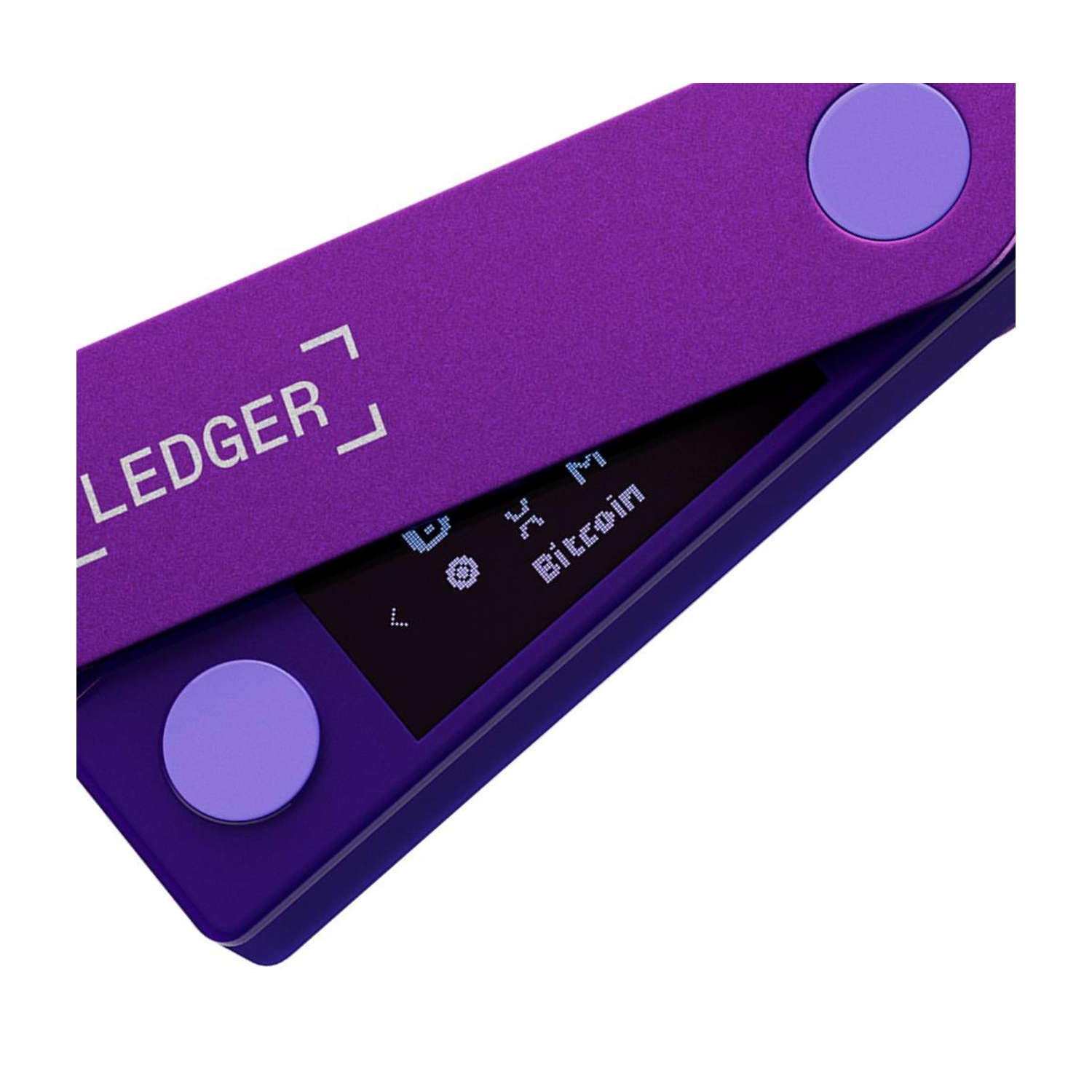 Un portafoglio hardware Ledger viola, aperto per mostrare lo schermo che dice "Bitcoin".