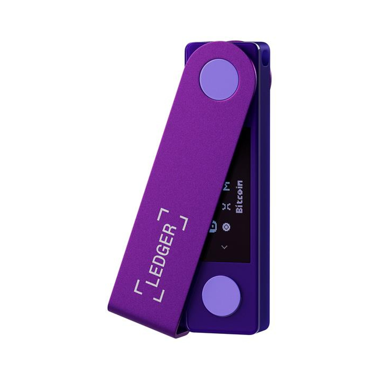 Un portafoglio hardware Ledger Nano S Plus viola, che mostra il suo schermo e una cover viola.