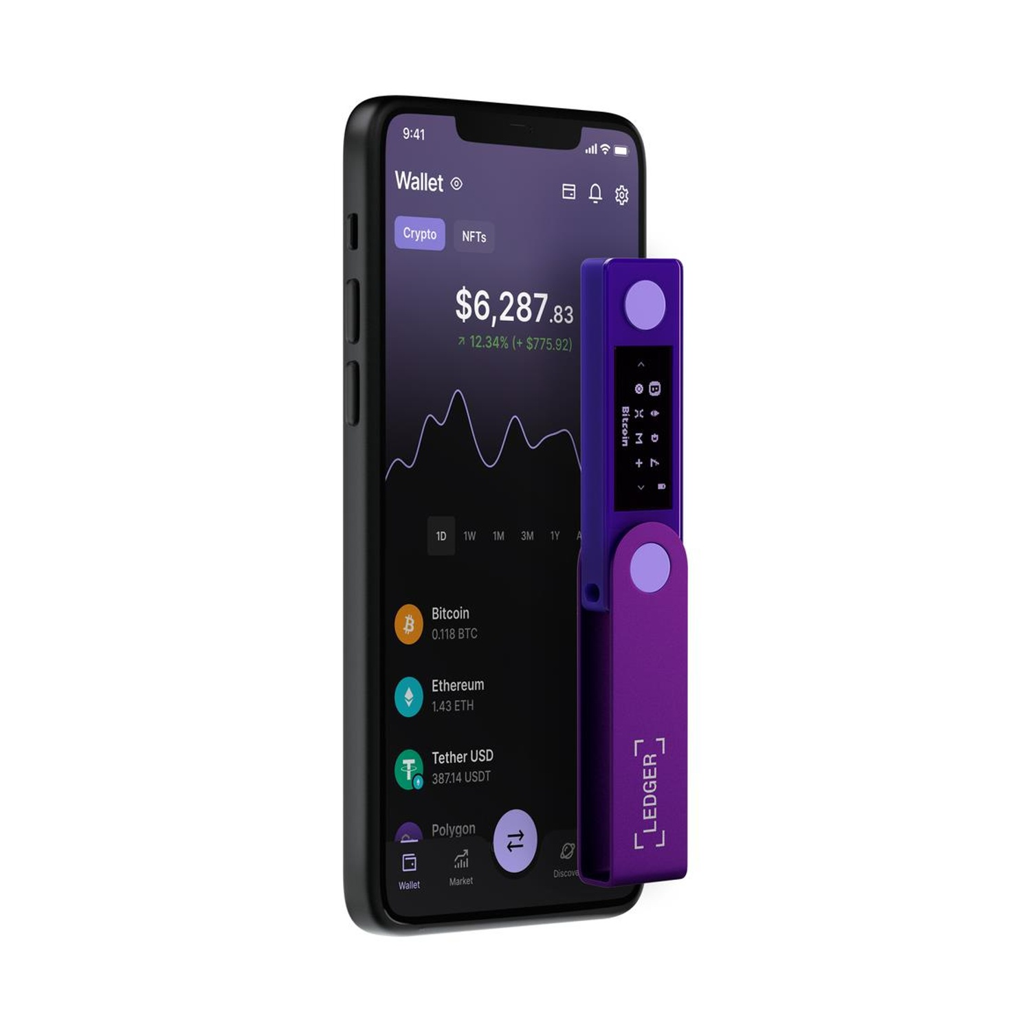 Uno smartphone che mostra un portafoglio crittografico con un dispositivo Ledger viola collegato, che mostra informazioni sulla criptovaluta.