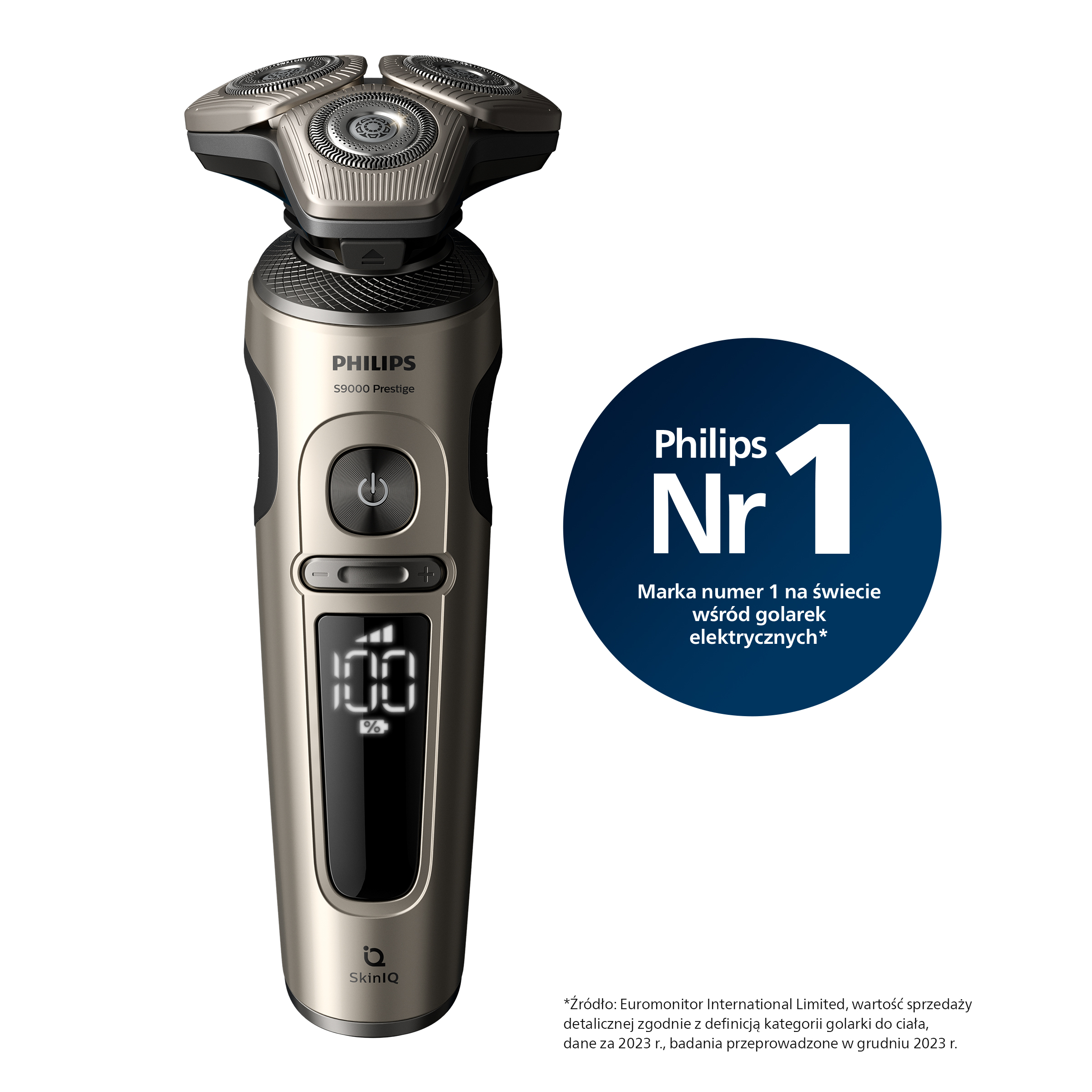 Srebrna i czarna golarka elektryczna Philips z wyświetlaczem cyfrowym i logo.
