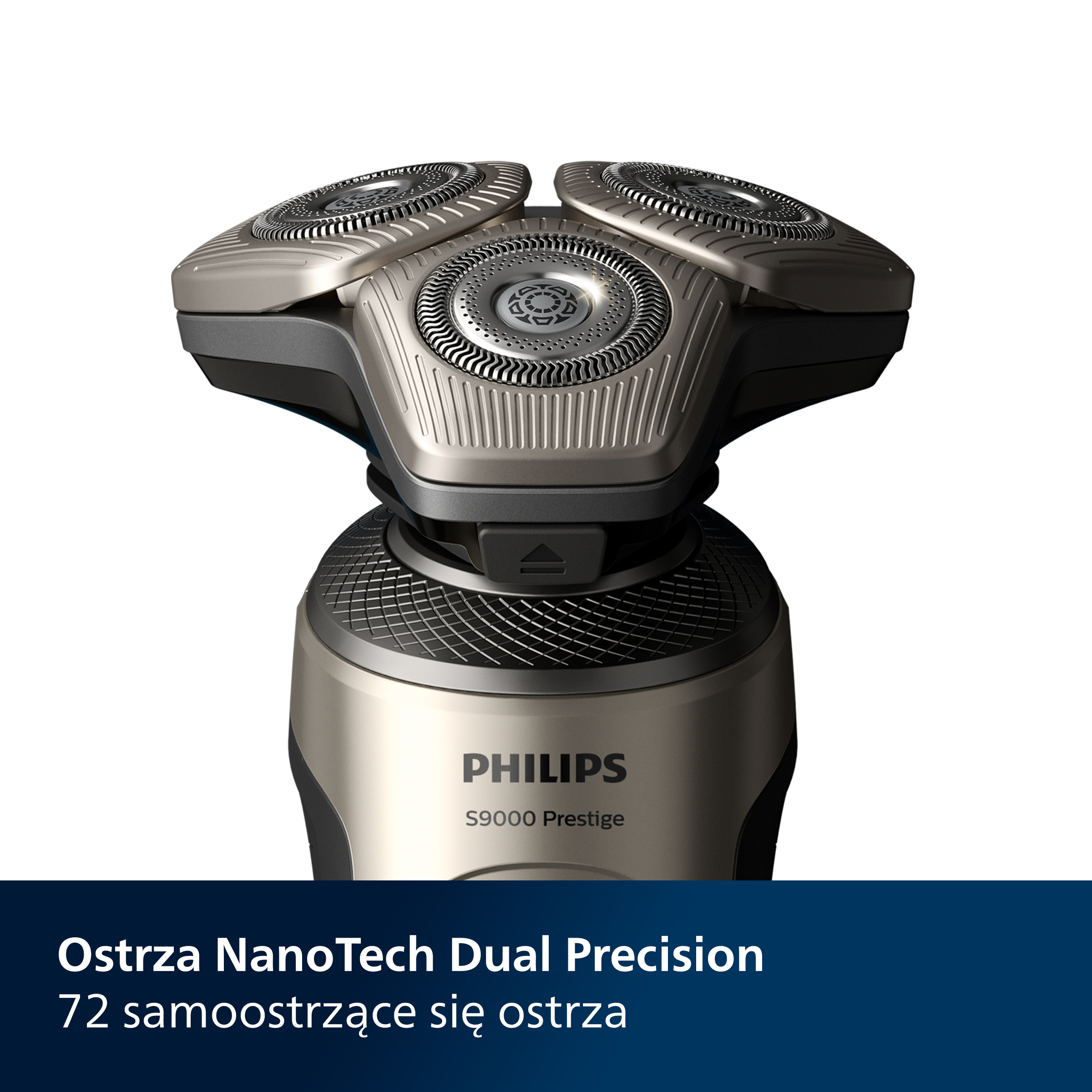 Golarka Philips S9000 Prestige z trzema obrotowymi głowicami i srebrnym wykończeniem.