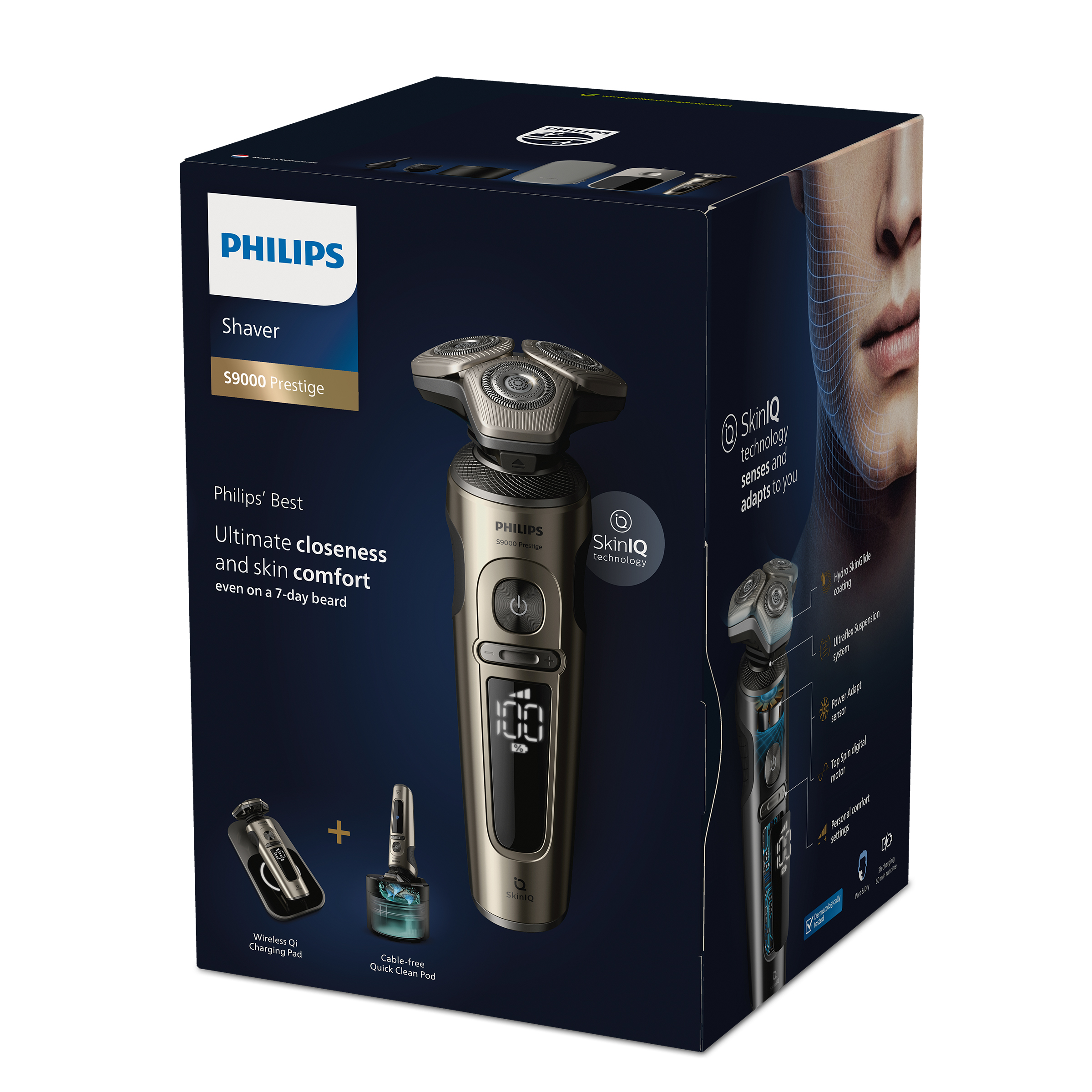Pudełko Philips Shaver z golarką, akcesoriami i szczegółami technologii SkinIQ.