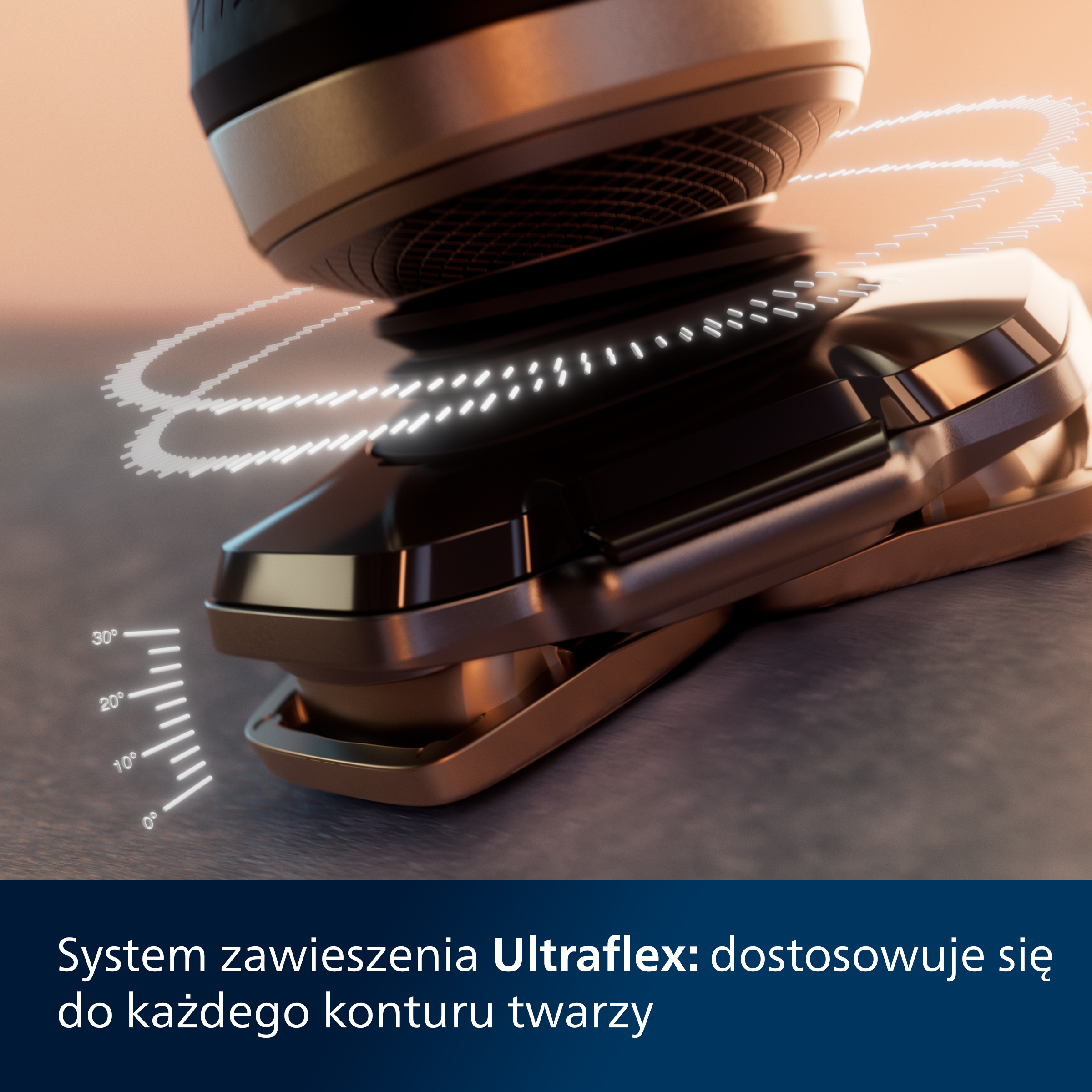 Zbliżenie złotego golarki o kątowej konstrukcji. Białe przerywane linie wskazują działanie golenia.