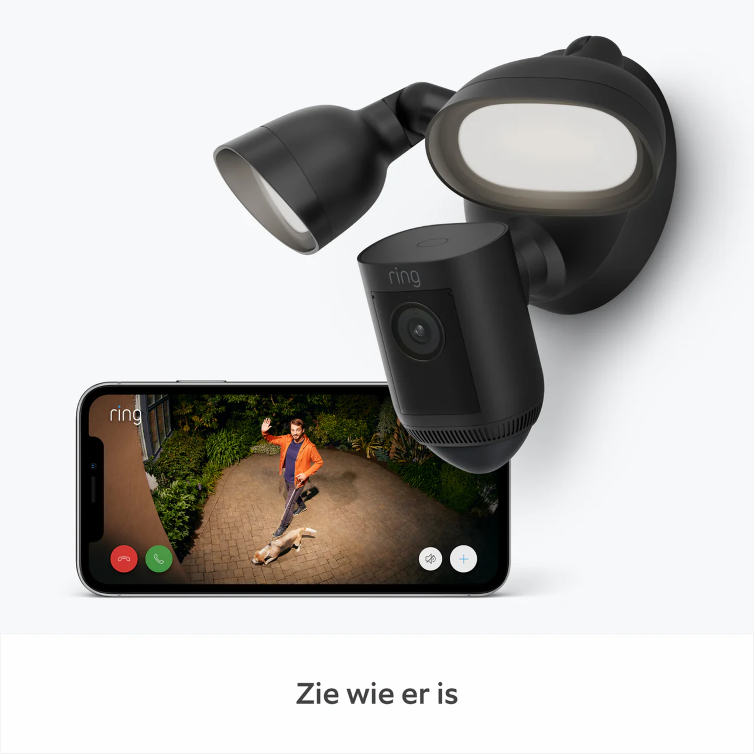 Een beveiligingscamerasysteem met lichten. Een smartphone toont een live videostream.