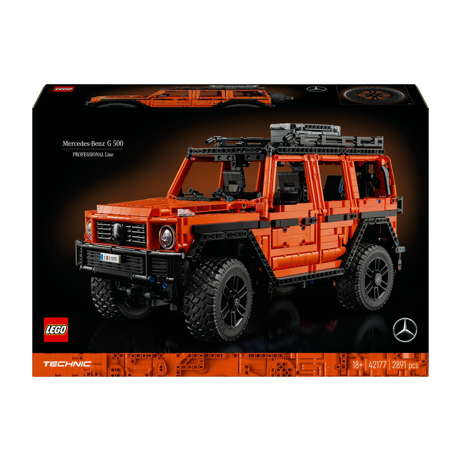 Scatola Lego Technic di un'auto modello Mercedes-Benz G 500 arancione con dettagli neri.