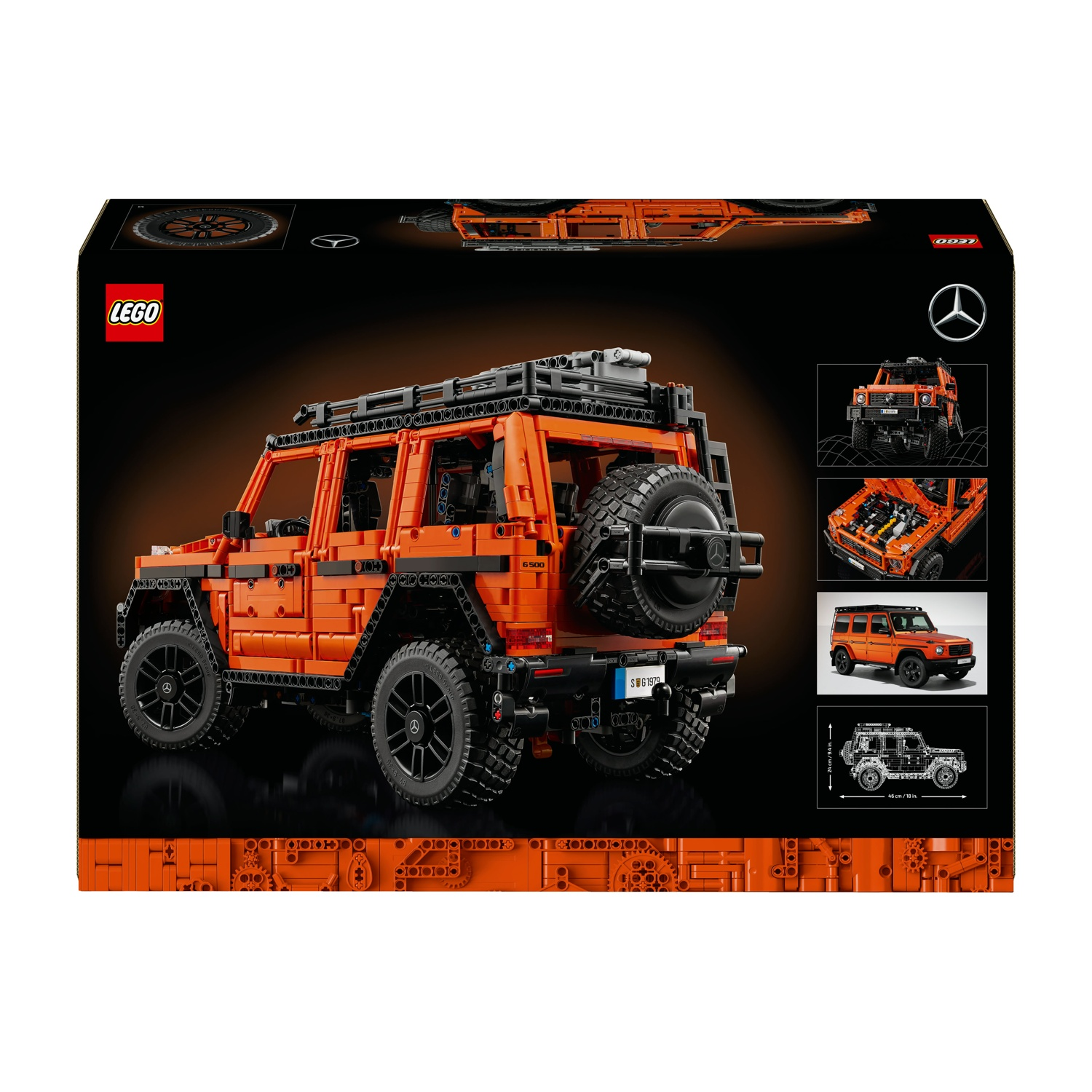 Modello LEGO arancione di una Mercedes-Benz G-Wagon, in una scatola.