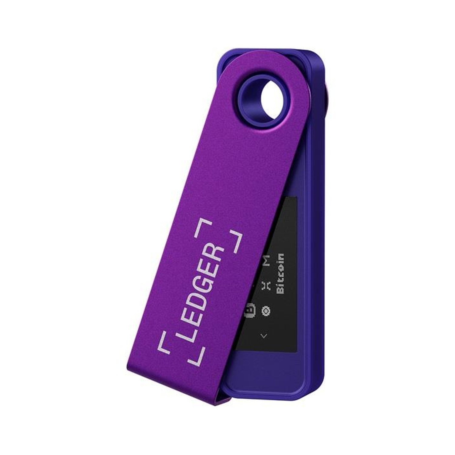 Un portafoglio hardware Ledger viola con uno schermo che mostra Bitcoin e altri simboli crypto.
