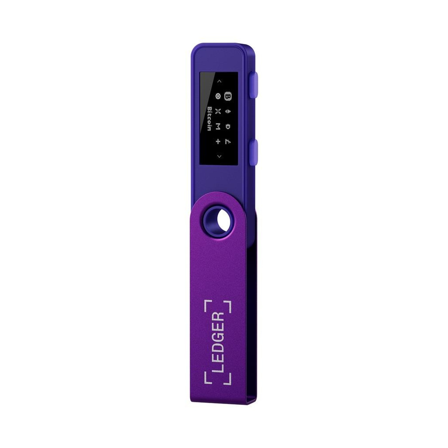 Portafoglio hardware Ledger viola, con un piccolo schermo che mostra informazioni, su sfondo bianco.
