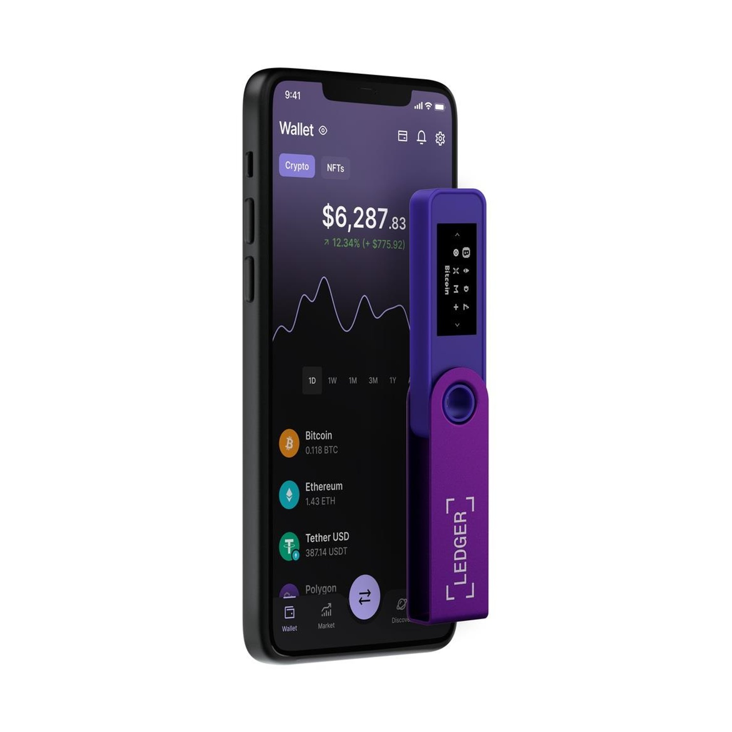 Smartphone con portafoglio Ledger viola e portafoglio hardware Ledger.