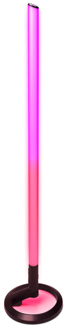 Een hoge, verticale lamp met een roze en paarse gradiënt. De basis is zwart en rond.