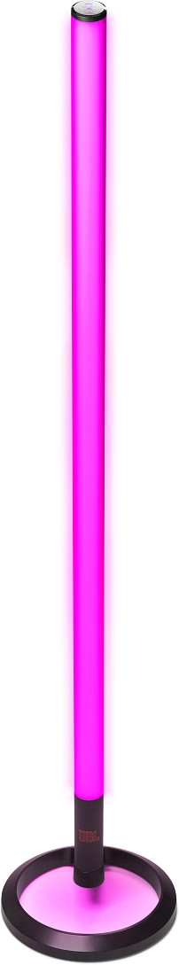 Een lange, roze lichtstaaf met een zwarte voet, gloeiend tegen een witte achtergrond.