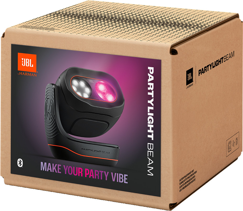 Een bruine kartonnen doos met een JBL party light beam afbeelding en tekst op de voorkant.