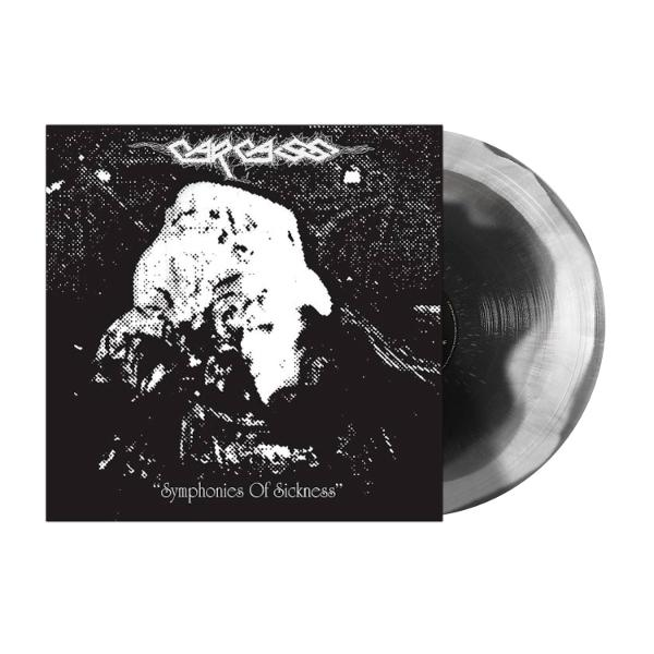 Schwarz-weiß Vinyl-Schallplatte. Albumcover zeigt eine weiße Figur und das Wort CARCASS.