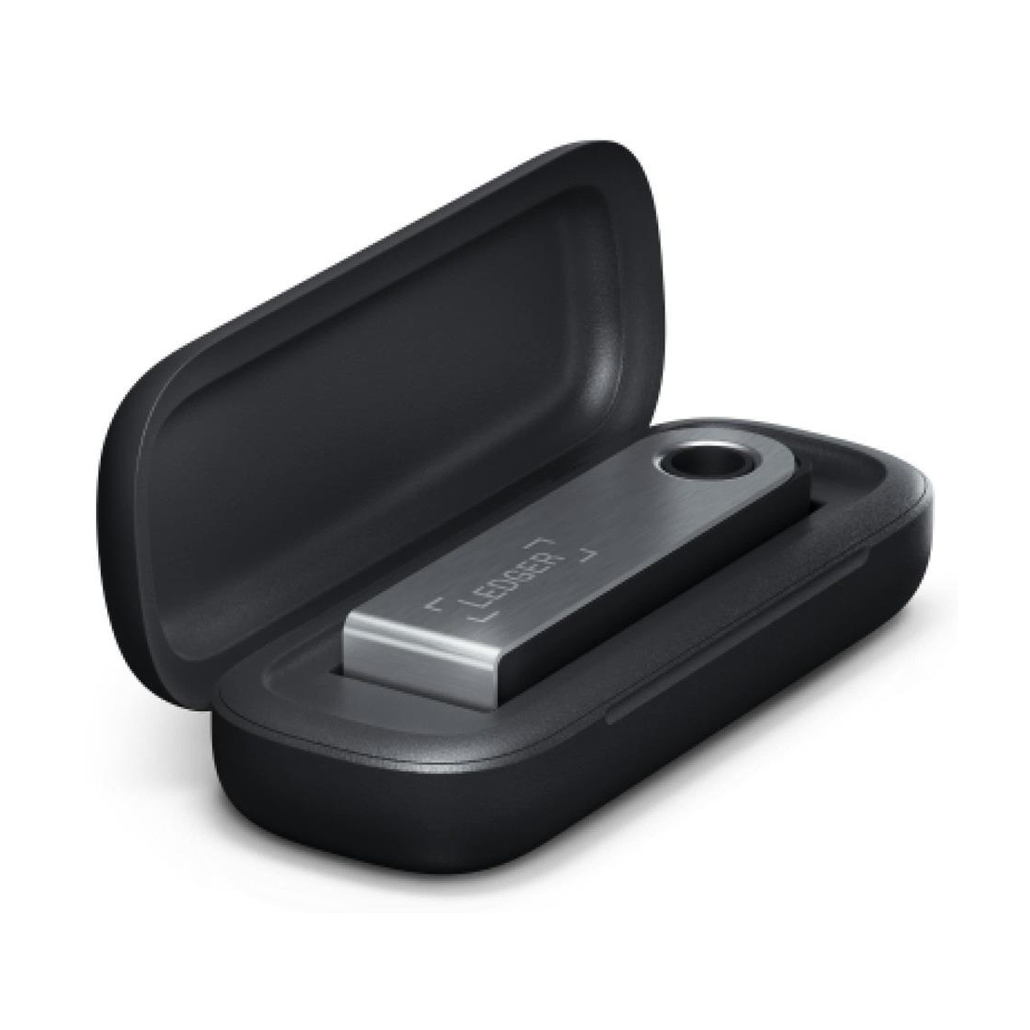 Un portafoglio crittografico Ledger Nano X argentato in una custodia nera aperta.