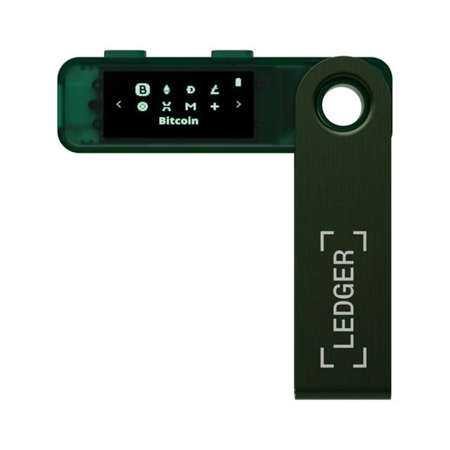 Portafoglio hardware Ledger verde che mostra Bitcoin, esterno verde scuro.