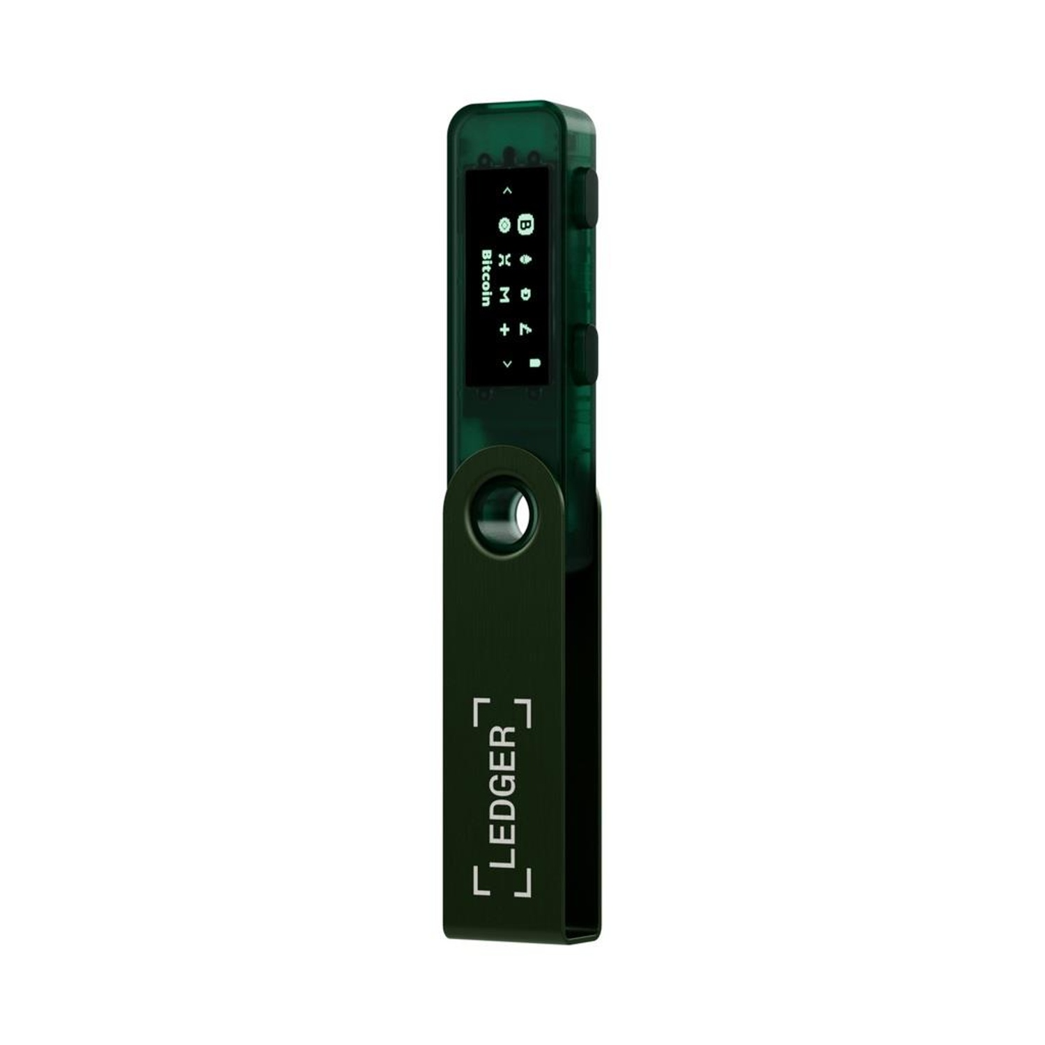 Un portafoglio hardware Ledger verde scuro. Ha schermo e pulsanti, in posizione verticale.