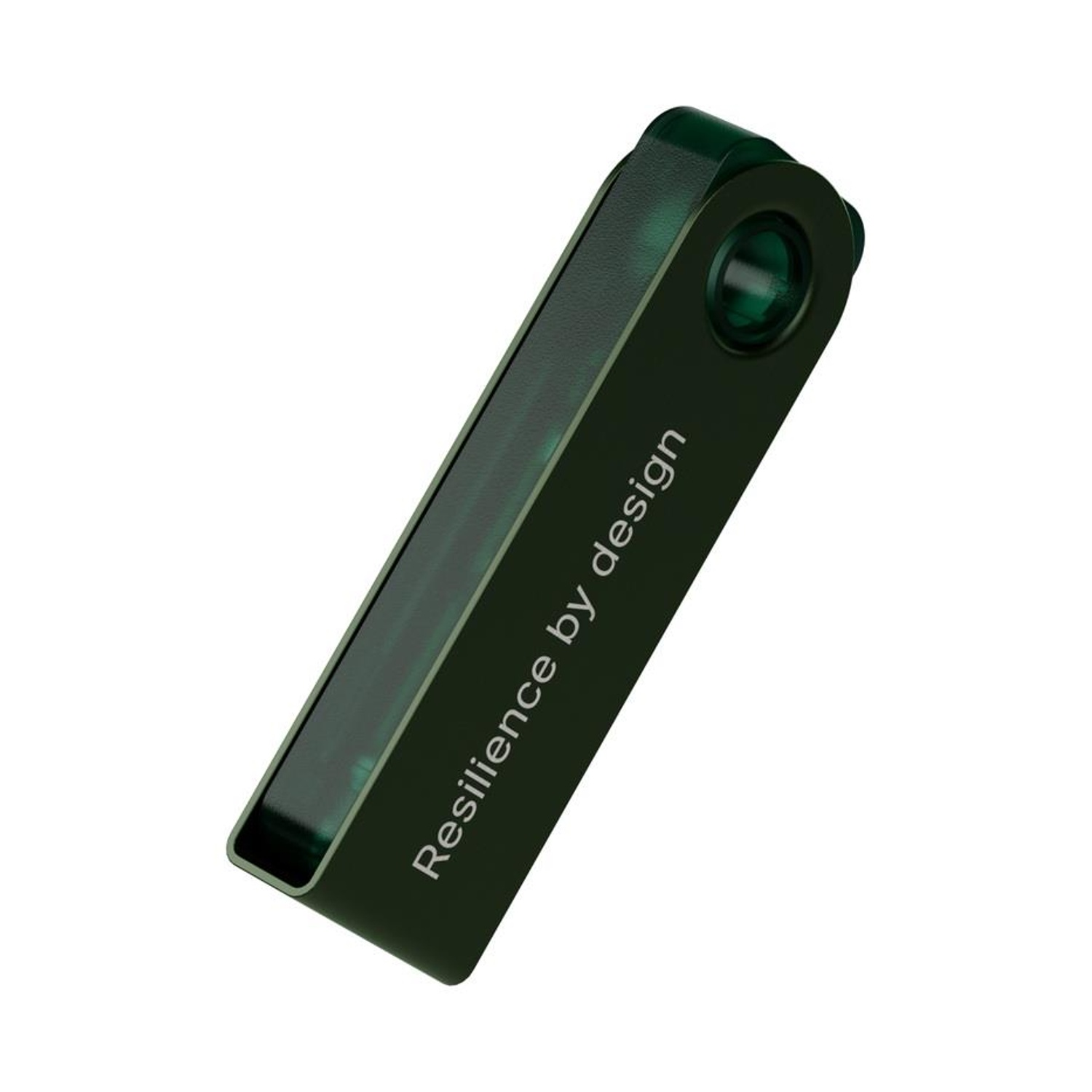 Chiavetta USB verde scuro con testo bianco 'Resilience by design'.