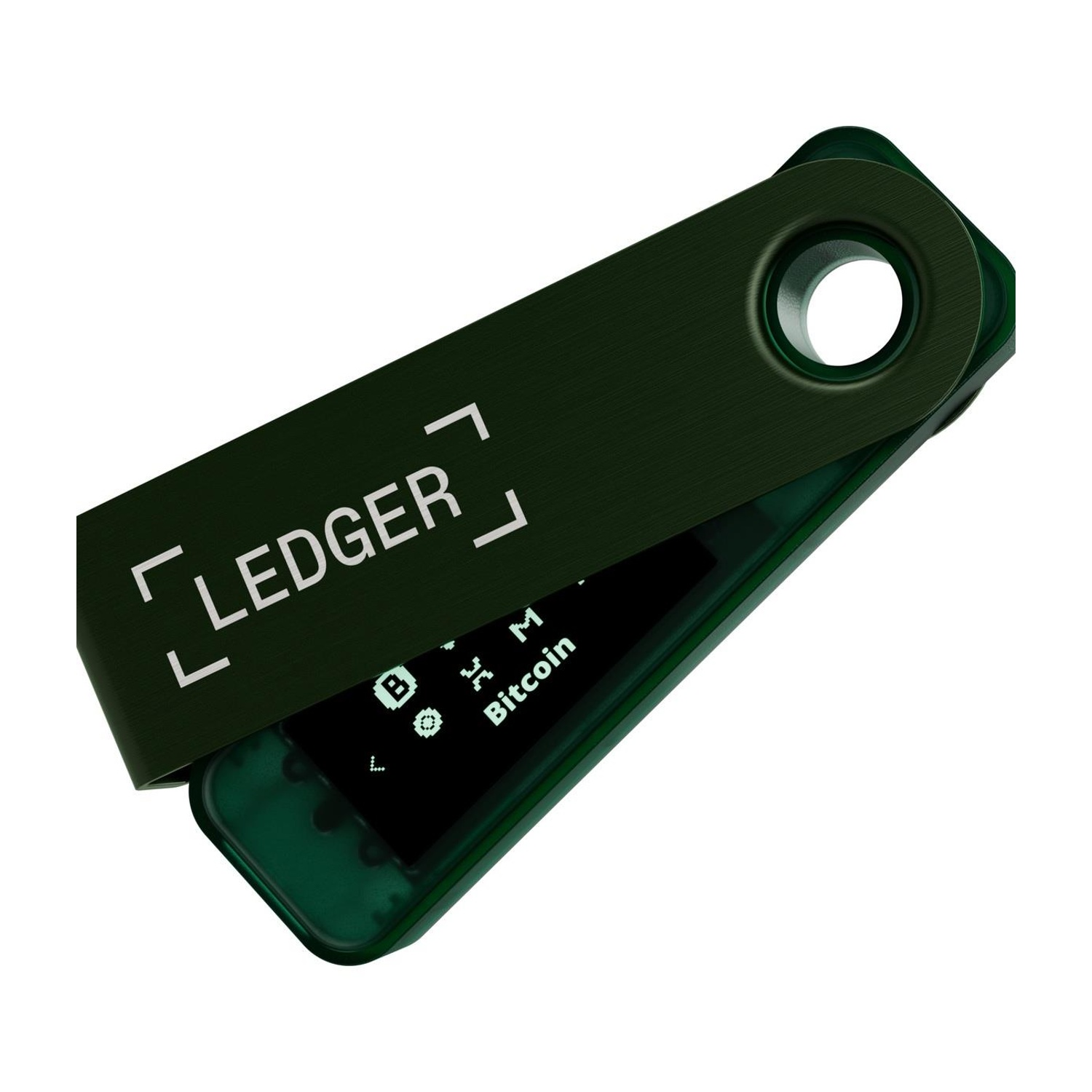 Un portafoglio Ledger verde. Il logo Ledger è visibile.