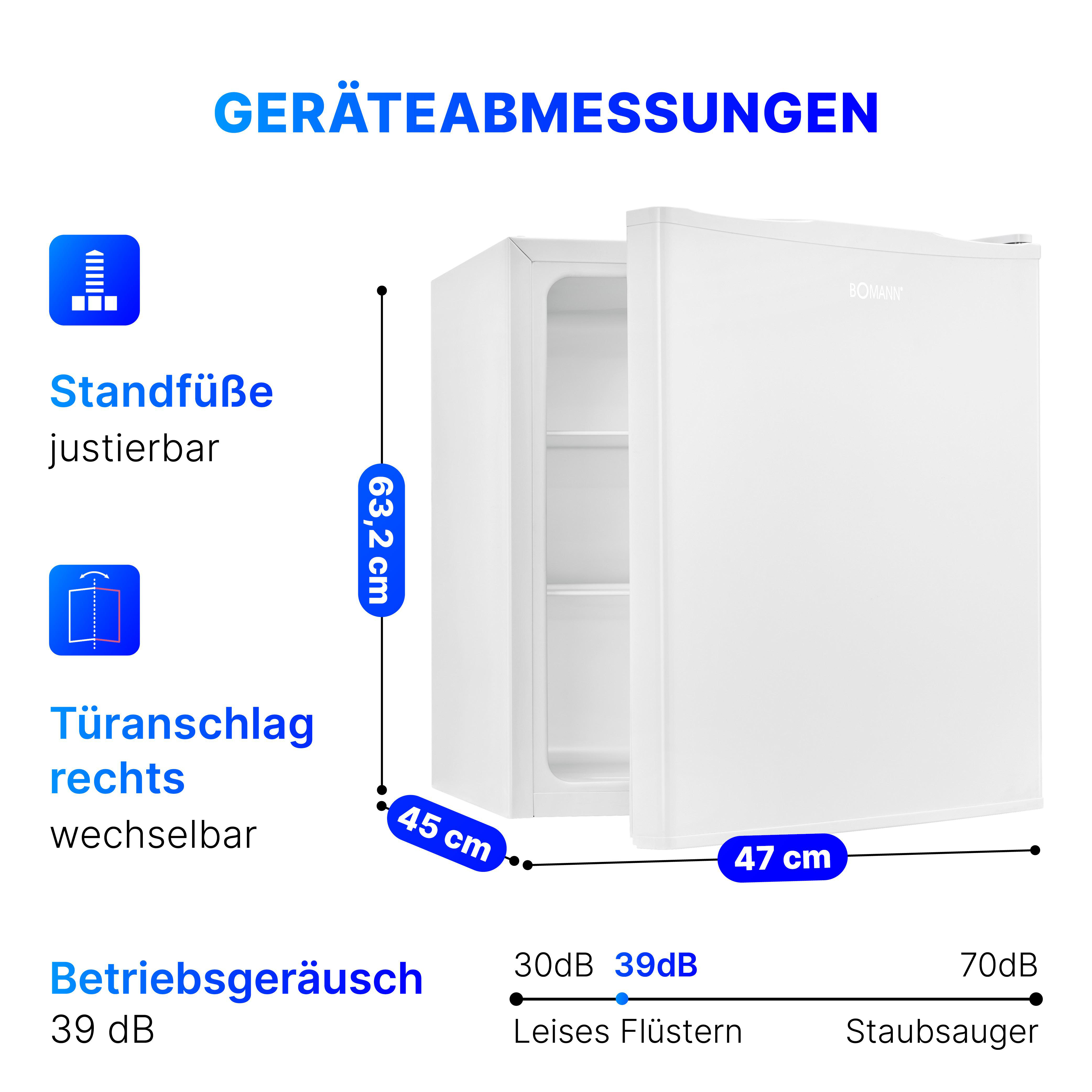 Ein weißer Minikühlschrank mit offener Tür. Abmessungen sind angegeben. Texte sind Standfüße, Türanschlag und Geräuschpegel.