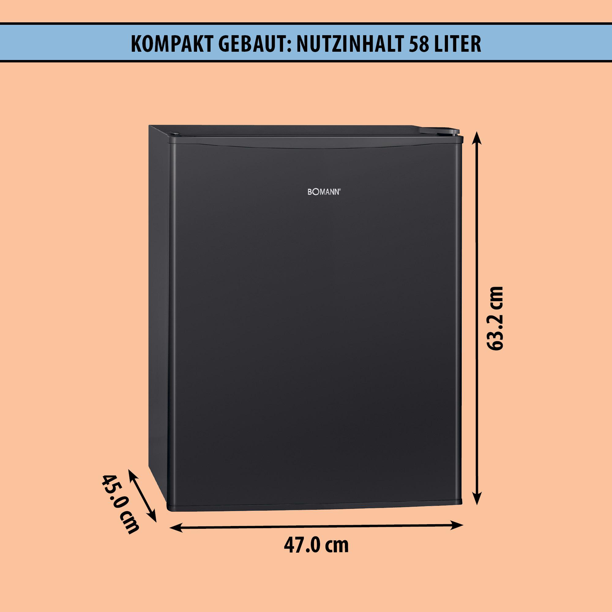 Schwarzer Bomann Kühlschrank, 47x45x63.2 cm, 58 Liter Nutzinhalt.