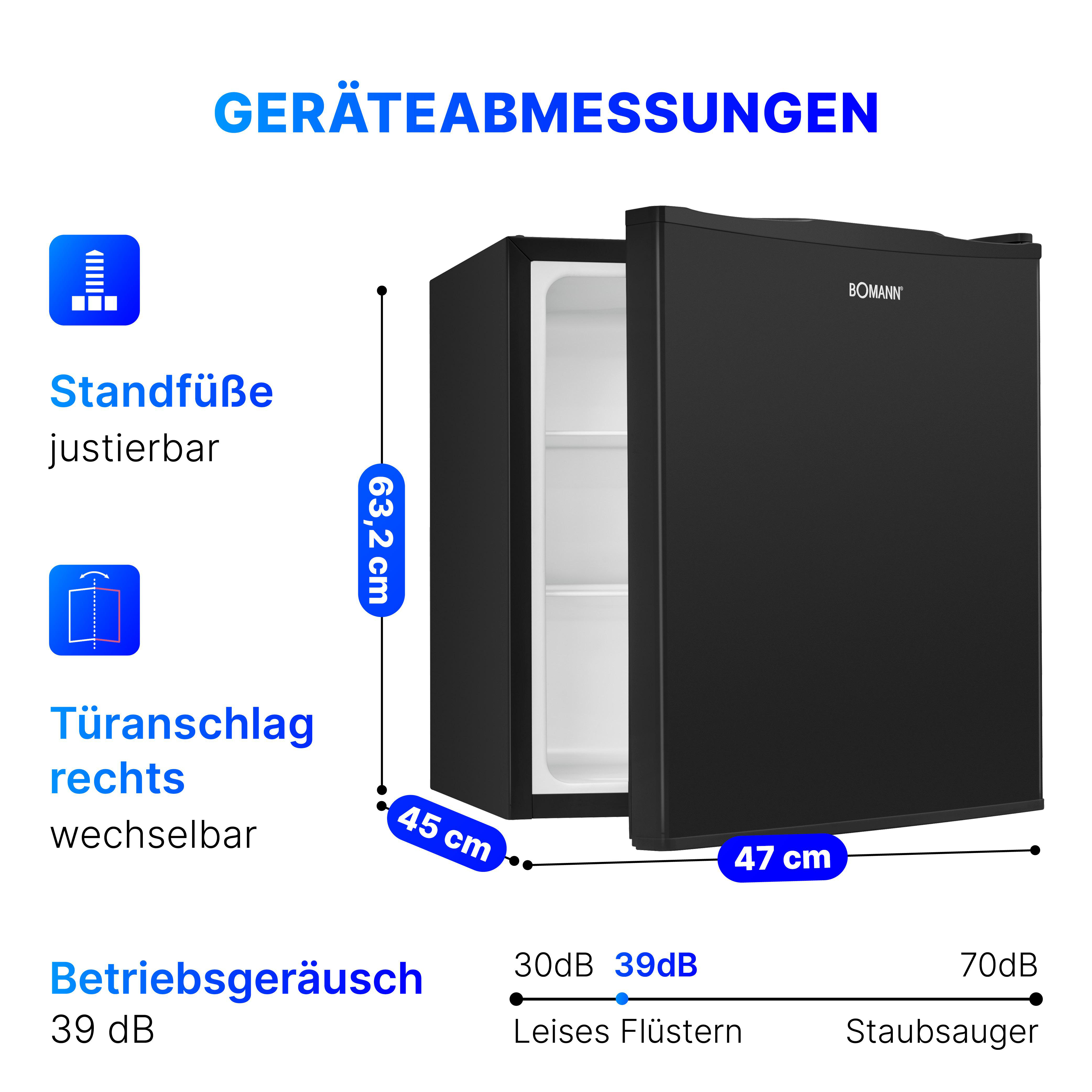 Schwarzer Kühlschrank mit Maßen und Geräuschpegelangaben.