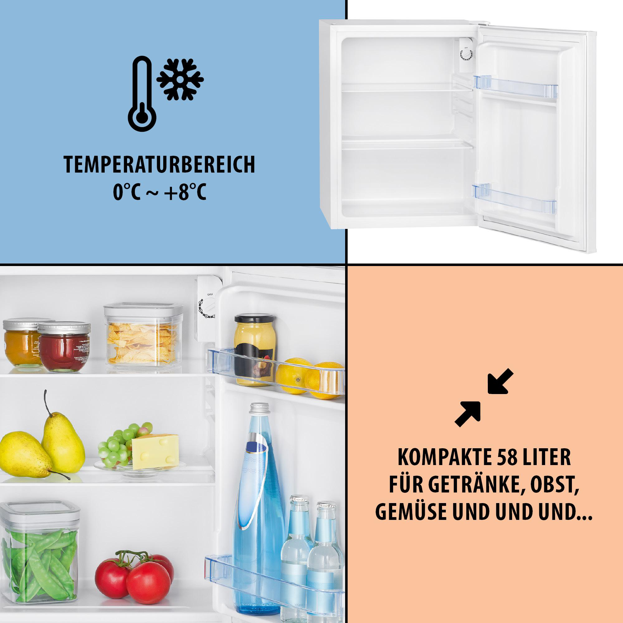 Ein weißer Kühlschrank mit offener Tür, gefüllt mit Lebensmitteln. Blauer Hintergrund mit Temperaturdetails, orangefarbener Text.