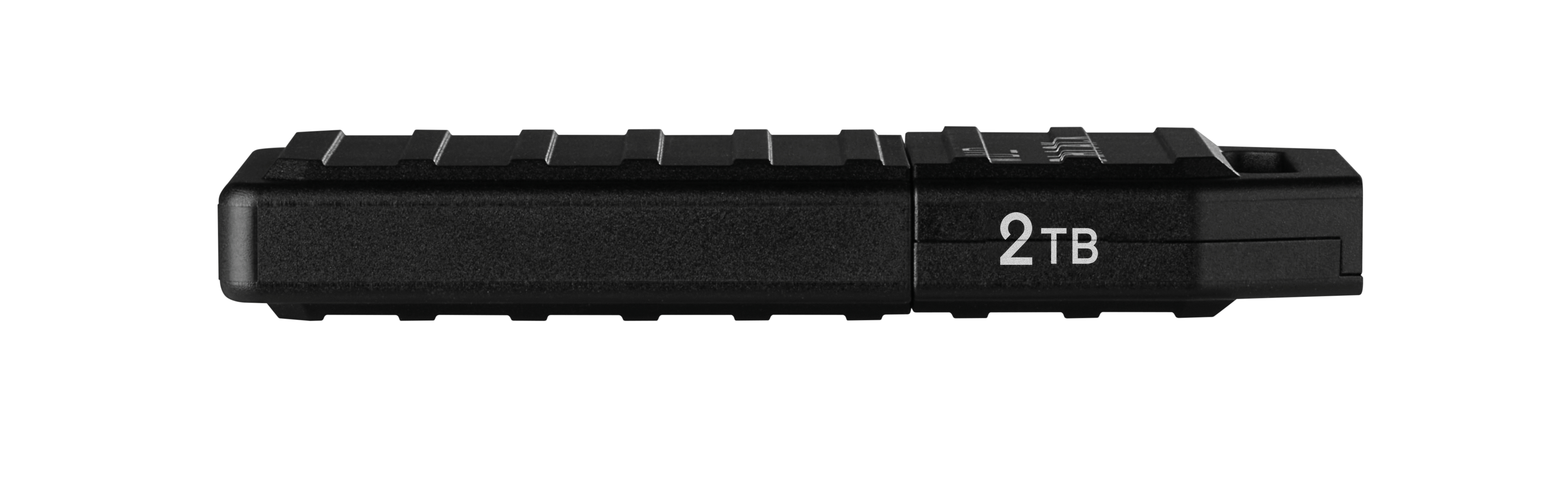 Eine schwarze externe Festplatte mit 2TB-Beschriftung.