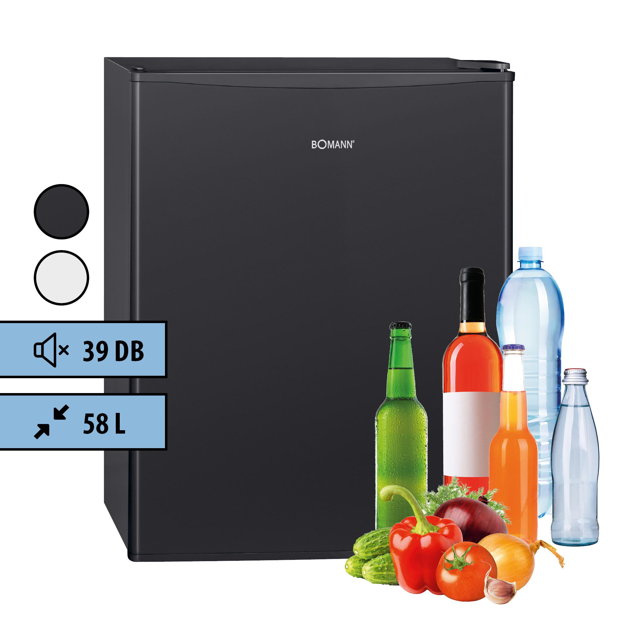 Schwarzer Kühlschrank mit Flaschen und Gemüse. 39 dB, 58 L.