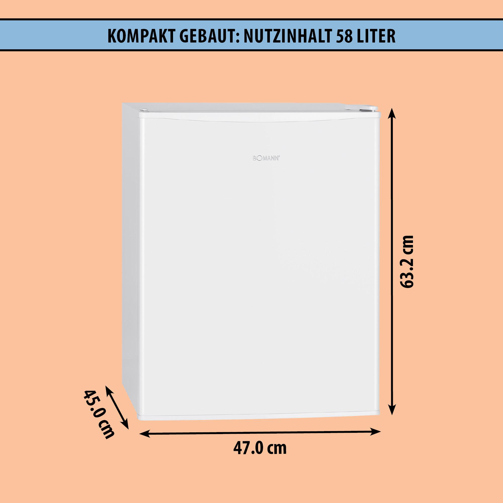 Ein weißer Minikühlschrank mit Maßangaben. Oben steht: 'Kompakt gebaut: Nutzinhalt 58 Liter'.