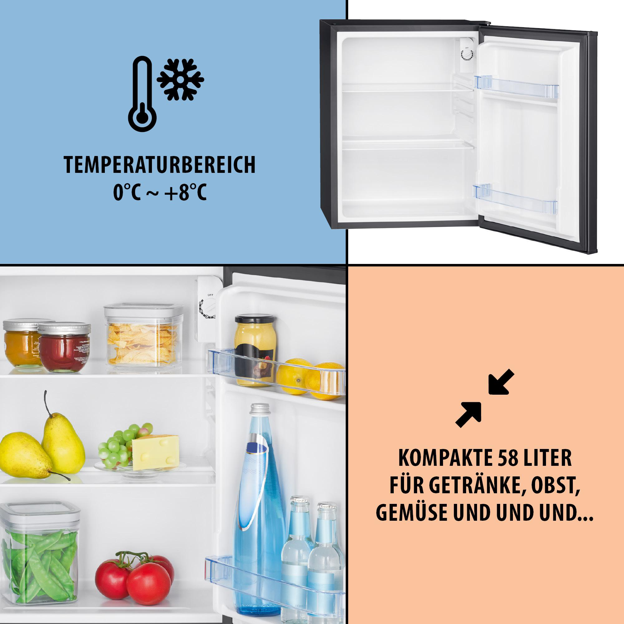 Ein offener Kühlschrank mit Fächern und Lebensmitteln. Temperatur 0-8°C.