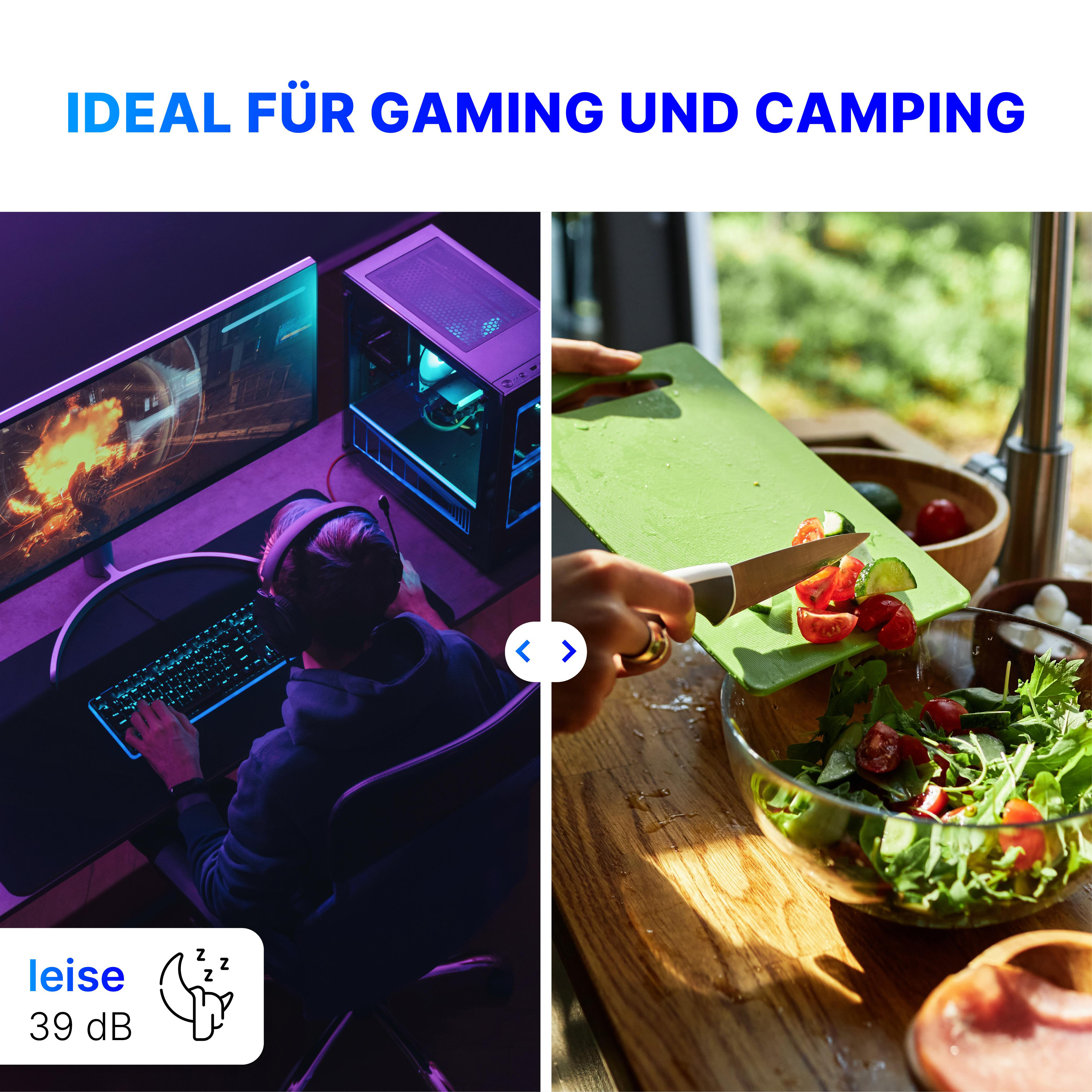 Geteilte Ansicht: Gamer am Computer und Person macht Salat draußen. Text: Ideal für Gaming und Camping.