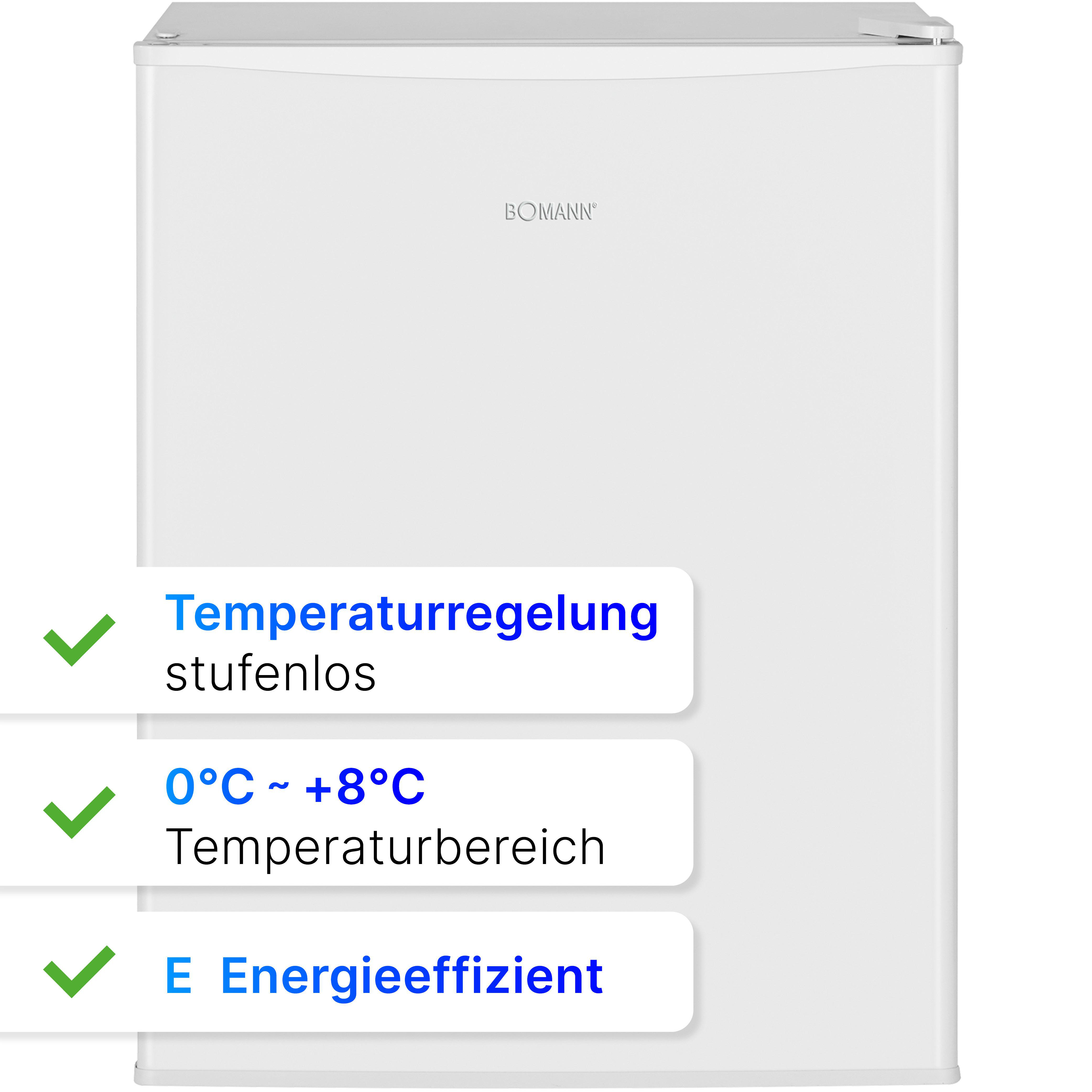 Ein weißer Boman-Minikühlschrank mit Textbeschriftungen, die Funktionen wie Temperaturregelung und Energieeffizienz angeben.