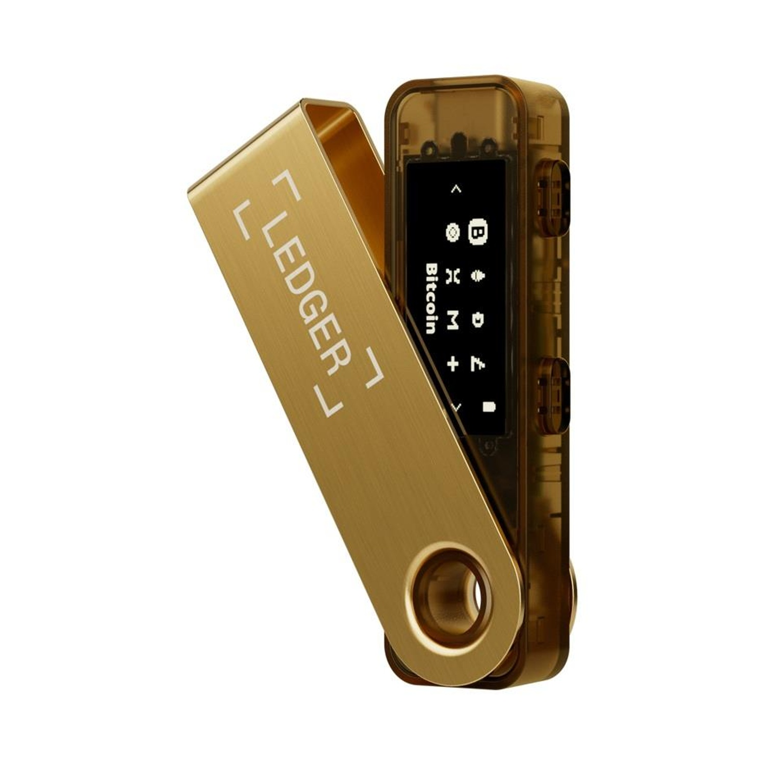 Un portafoglio hardware crittografico Ledger dorato, con la cover aperta, che mostra uno schermo.
