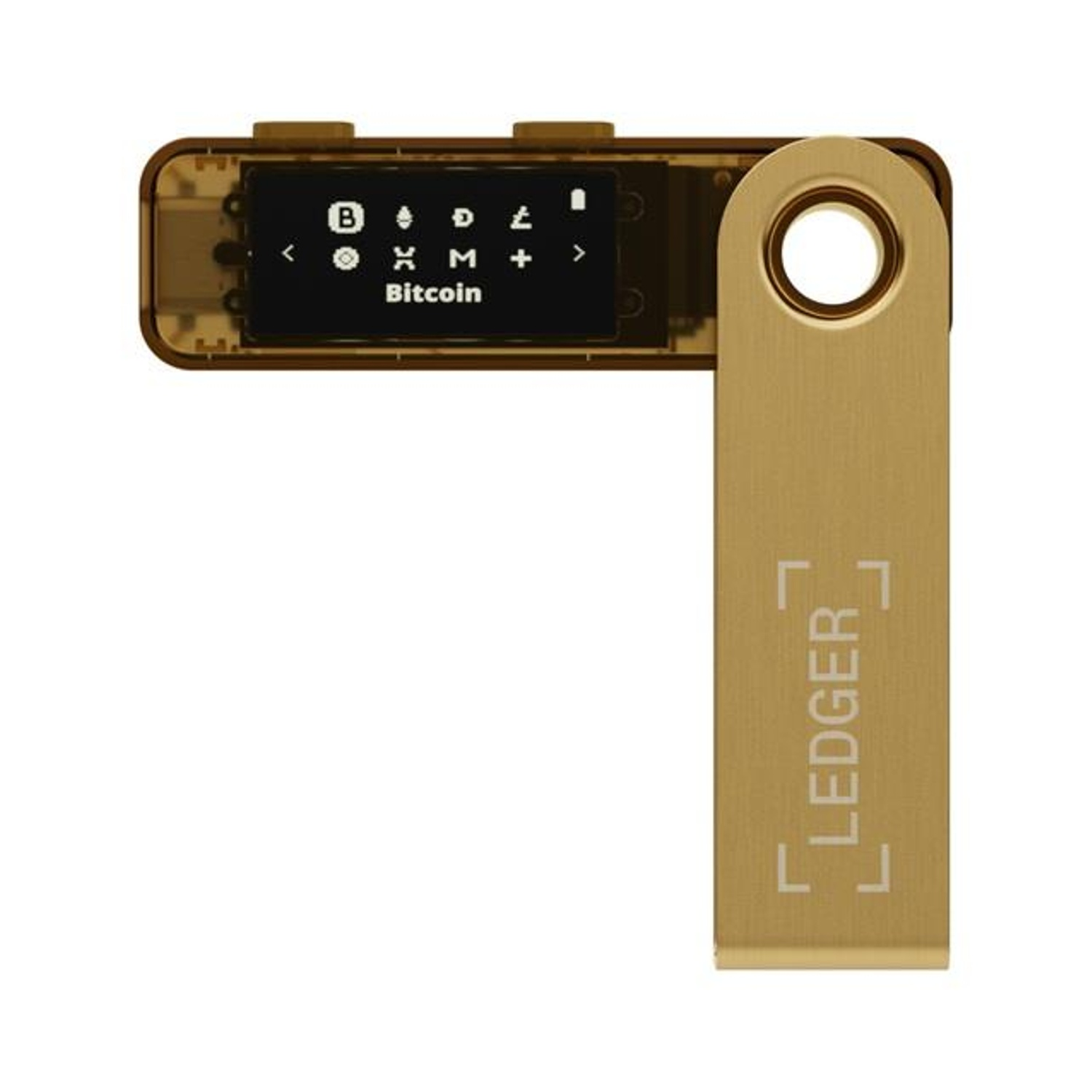 Un portafoglio hardware Ledger dorato. Lo schermo mostra Bitcoin. Il portafoglio è aperto.
