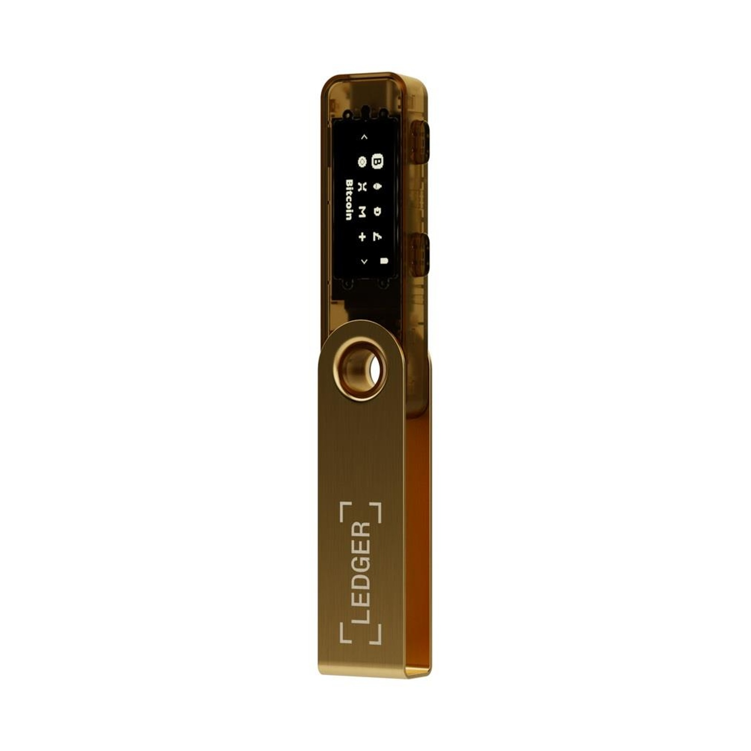 Portafoglio hardware Ledger dorato. Schermo e pulsanti visibili. Logo in basso.
